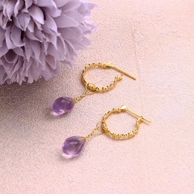 Natural Amethyst Teardrop Earrings for Women - Aquarius Zodiac Jewelry | TB1595 | Elegant Dangle Earrings for Parties, Weddings & Everyday Wear