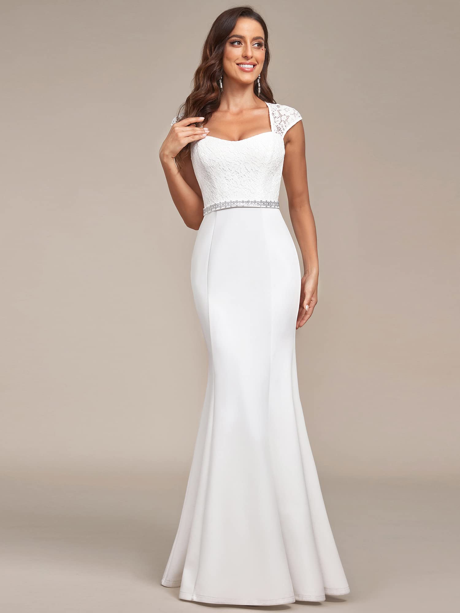 Ever-Pretty Women's Elegant Lace Cap Sleeve V-Neck Beaded Mermaid Wedding Dress for Bride - Perfect for Beach, Church, and Formal Wedding Ceremonies