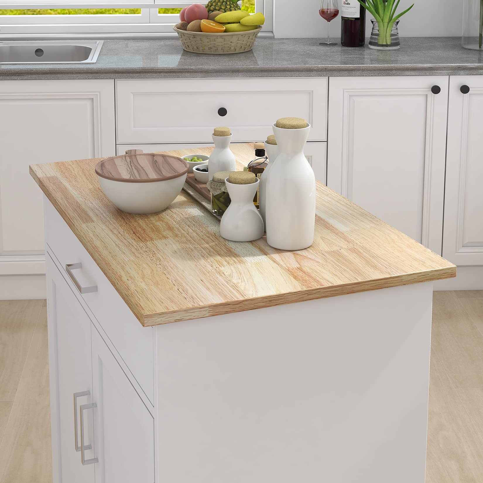 Rolling Kitchen Cart with Towel Rack - Mobile Serving Cart with Rubber Wood Countertop, Storage Cabinet & Adjustable Shelves - Perfect for Dining Room, Small Kitchen & Party Serving