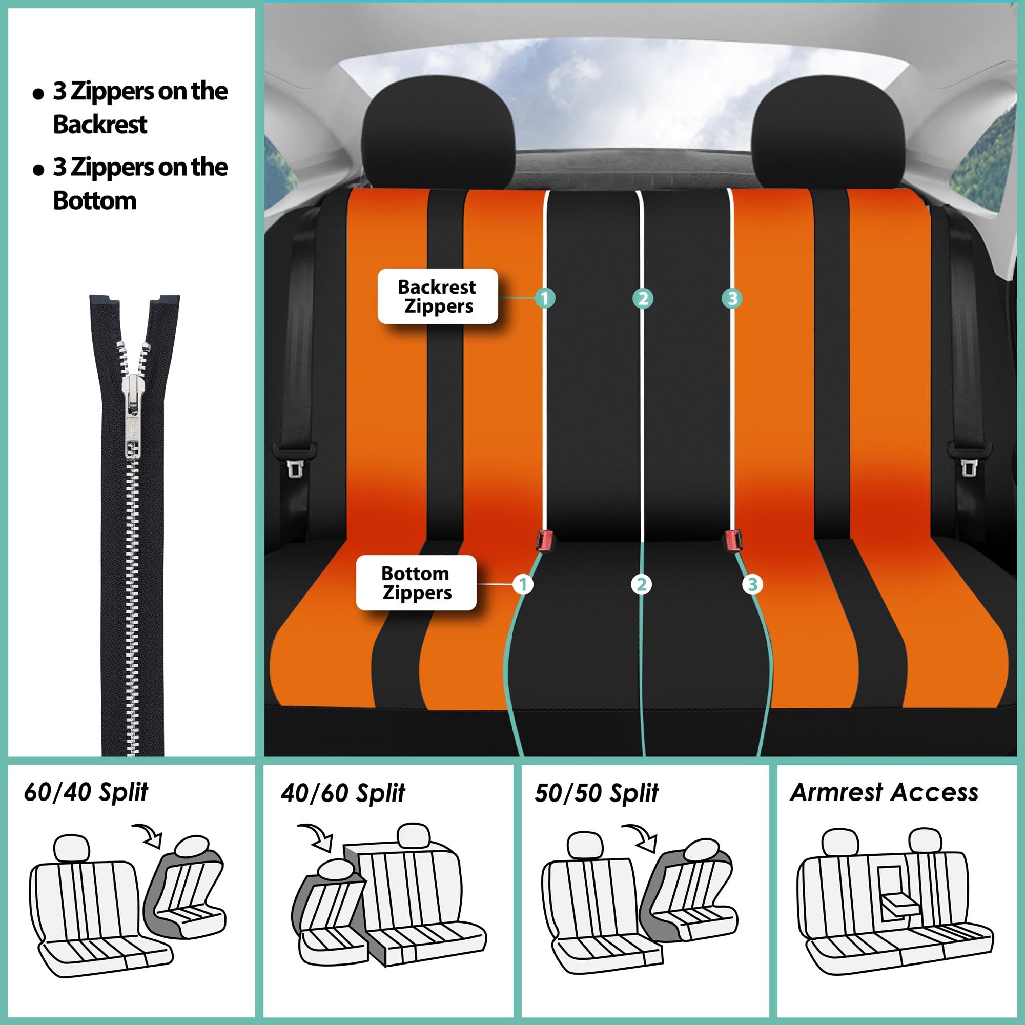 FH Group Universal Fit Car Seat Covers Full Set - Breathable Cloth Fabric, Airbag Compatible, Split Bench Design for SUV, Sedan, Van (Orange) | Perfect for Road Trips, Daily Commutes & Protecting Seats from Pets, Spills & Wear