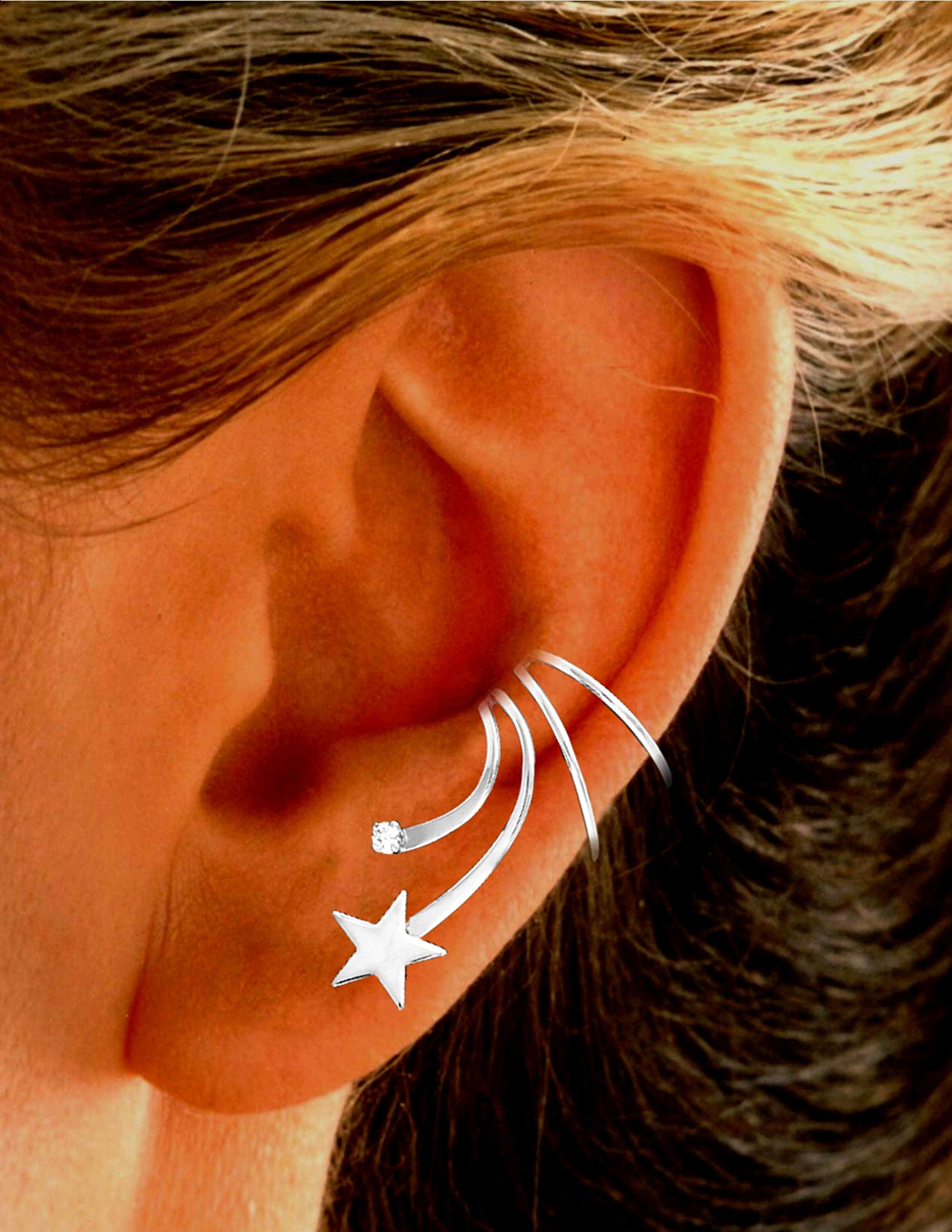 Ear Charms® Short Wave™ Non-Pierced Cartilage Wrap Earring - Sterling Silver Rhodium Plated Star CZ Ear Cuff - Perfect for Parties, Weddings & Everyday Wear