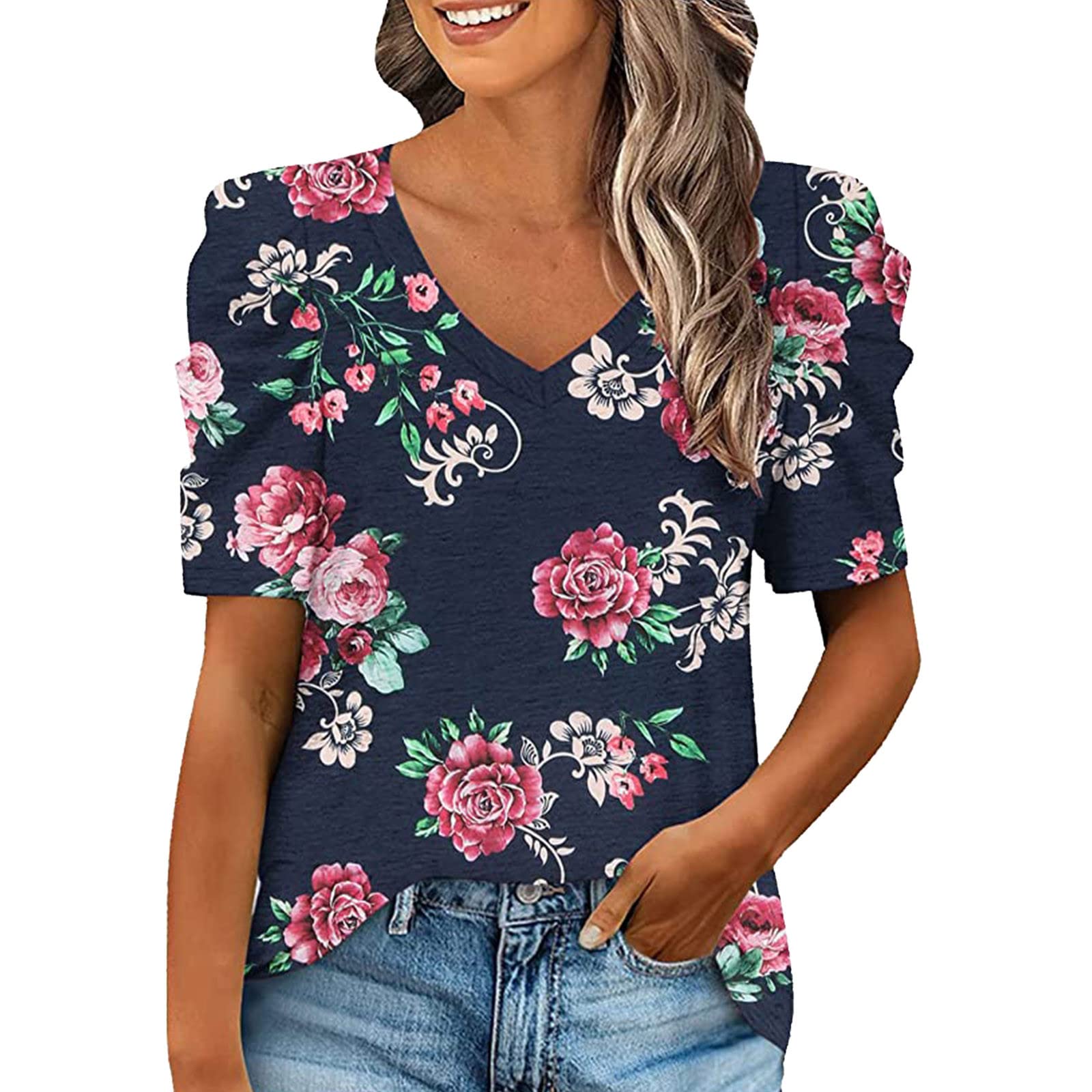 Women's White Floral Print V-Neck Ruched Tank Top - Casual & Workout Short Sleeve Shirt for Yoga, Gym, Summer Outfits and Beach Wear