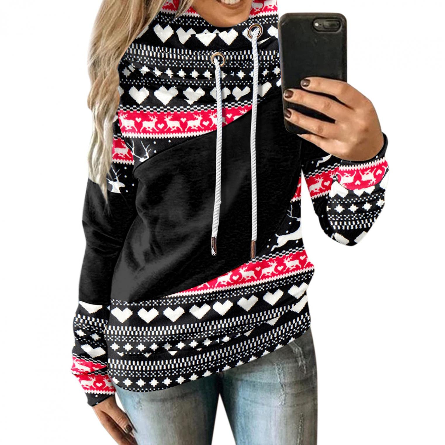 Eduavar Women's Christmas Hoodie - Cozy Cowl Neck Long Sleeve Sweatshirt, Color Block Pullover Top | Perfect for Holiday Parties, Winter Outfits & Casual Wear