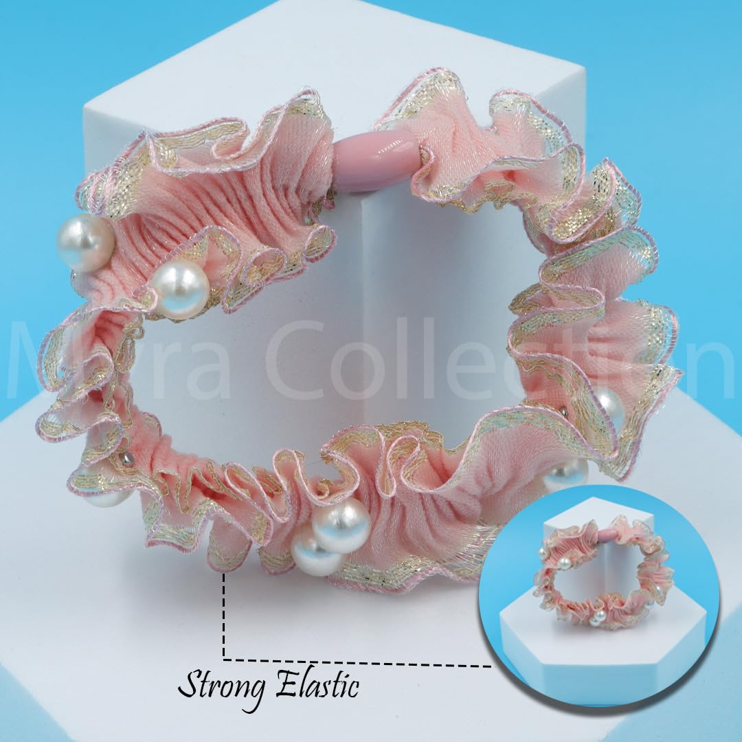 Myra Collection 5-Piece Golden Hair Scrunchies with Pearls - Elegant Hair Ties & Ponytail Holders for Women & Girls - Perfect for Weddings, Parties, and Everyday Style