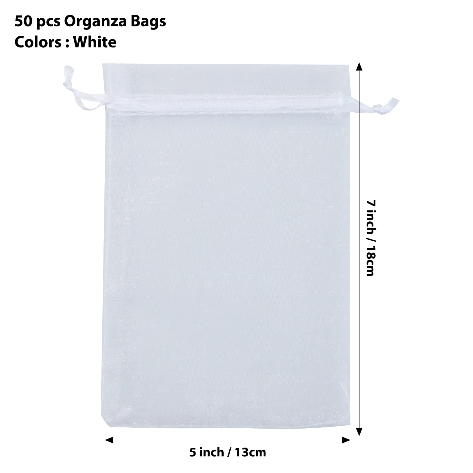 50 Pack White 5x7 Inch Organza Drawstring Bags - Sheer Mesh Favor Bags for Wedding, Party Favors, Jewelry Packaging, Gift Wrapping & DIY Crafts