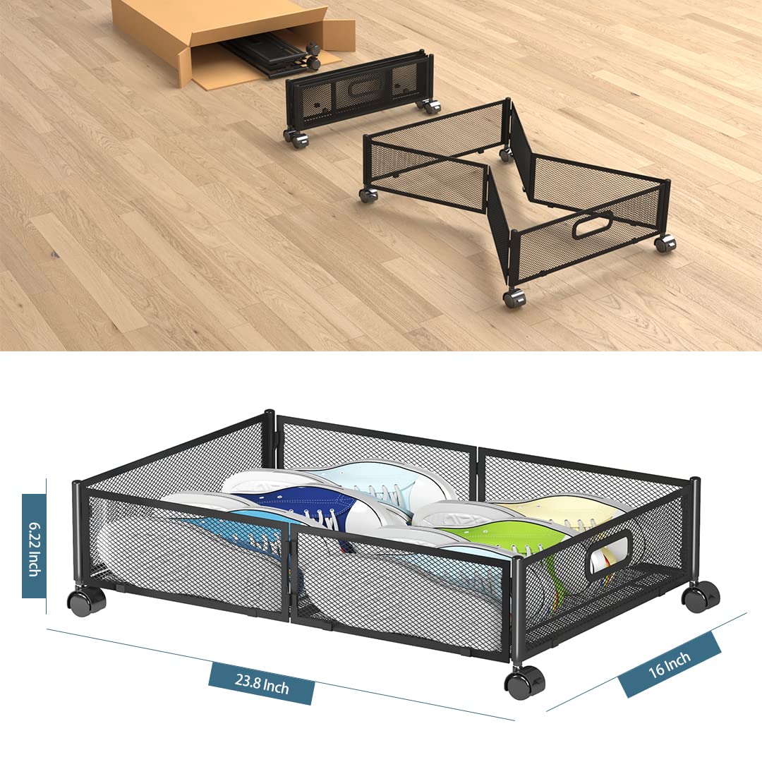 Under Bed Storage Containers with Wheels - Foldable Shoe & Clothes Organizer Drawers for Bedroom - 2 Pack Black Storage Bins for Blankets, Shoes & Bedding - Perfect for Small Spaces & Closet Organization