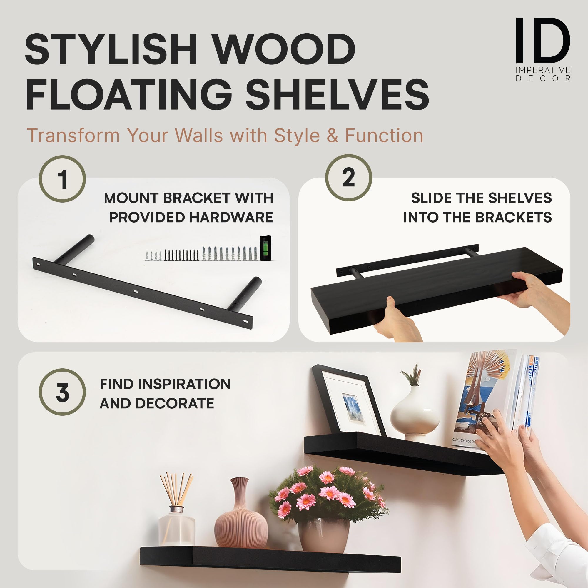 Heavy Duty Floating Shelves for Wall - 24 Inch Long Natural Wood Wall Shelves Set of 2 (24