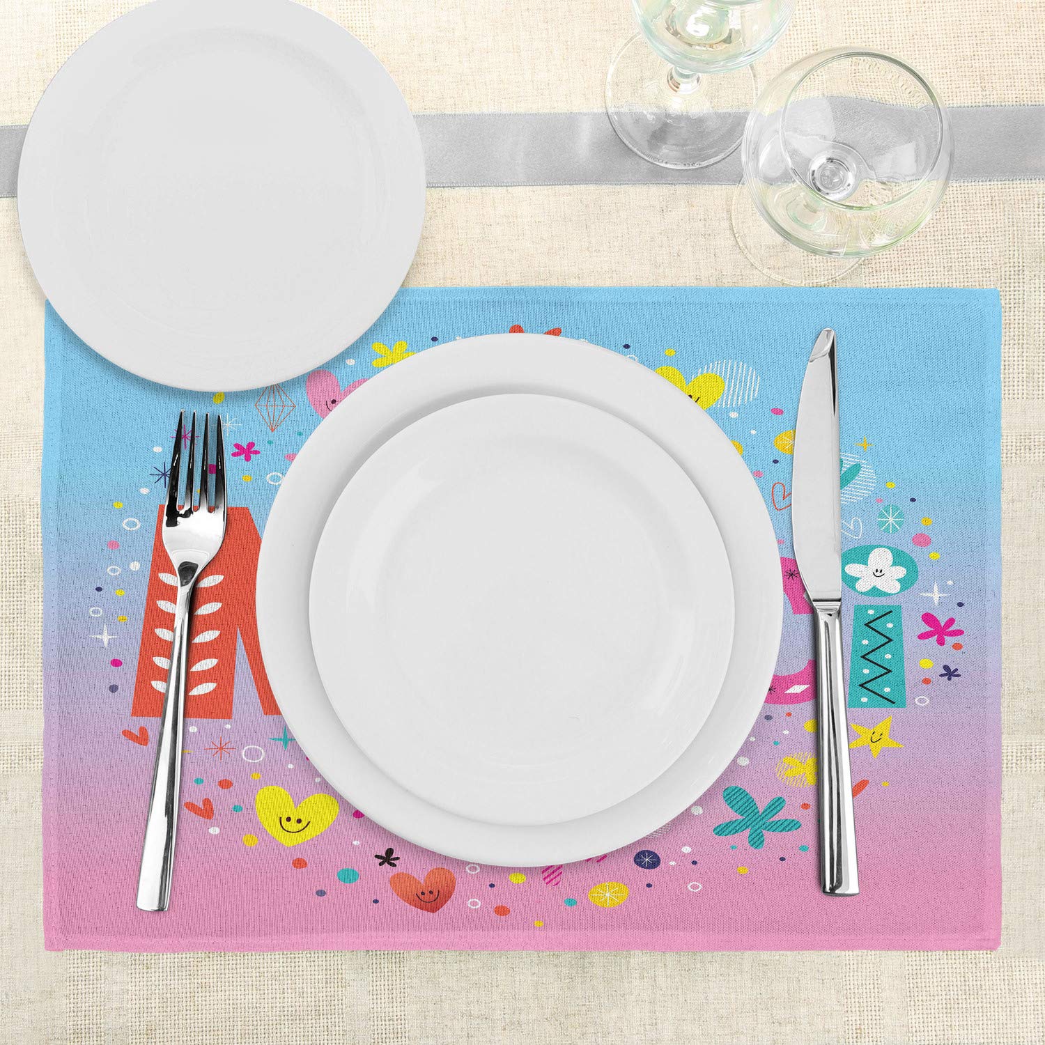 Ambesonne French Place Mats Set of 4 - Parisian Design with Merci Thank You & Hearts Flowers Print | Washable Fabric Placemats for Dining Table & Kitchen Decor | Perfect for French-Themed Dinners, Holiday Gatherings & Home Styling
