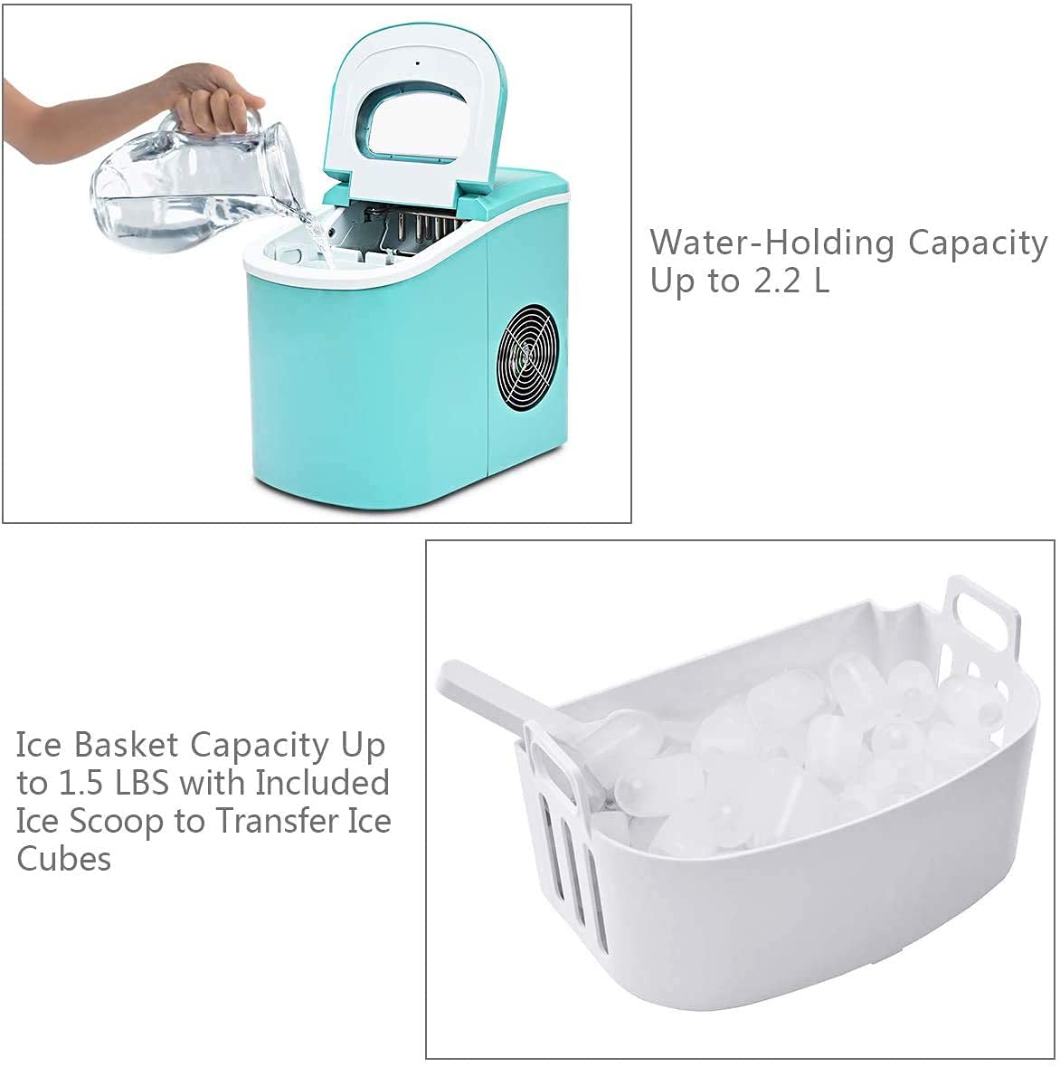 Portable Countertop Ice Maker Machine - 9 Cubes in 6 Mins, 2.2L Capacity with Ice Scoop & Removable Basket | Perfect for Cocktails, Sodas, Water Bottles | Ideal for Home, Office, RV, Parties (Green) - Fast Freezing Compact Ice Cube Maker for Daily Use