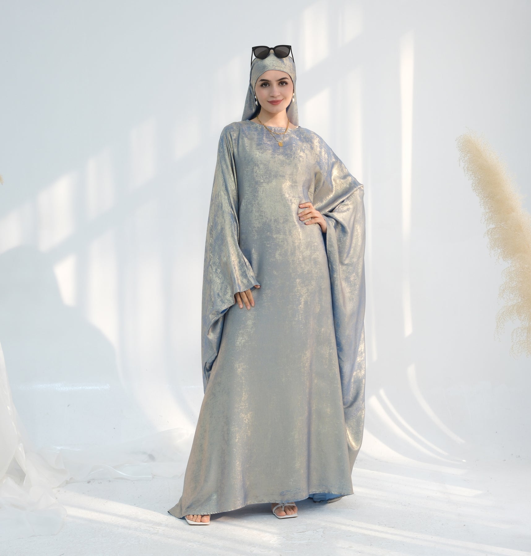 Linora Elegant Shimmer Butterfly Abaya Dress for Women - Sage Green Islamic Prayer Gown | Perfect for Eid, Ramadan, and Special Occasions