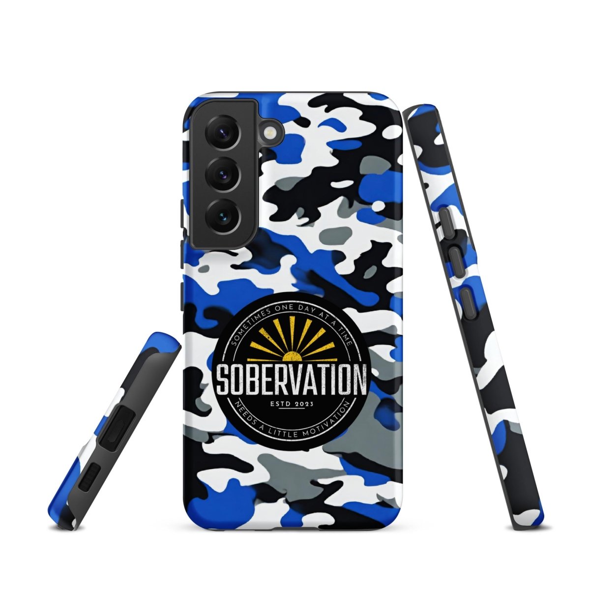 Sobervation Blue Camo Samsung Galaxy Phone Case - Durable Protective Cover for Samsung S23/S22/S21 - Perfect for Recovery & Sober Living Support