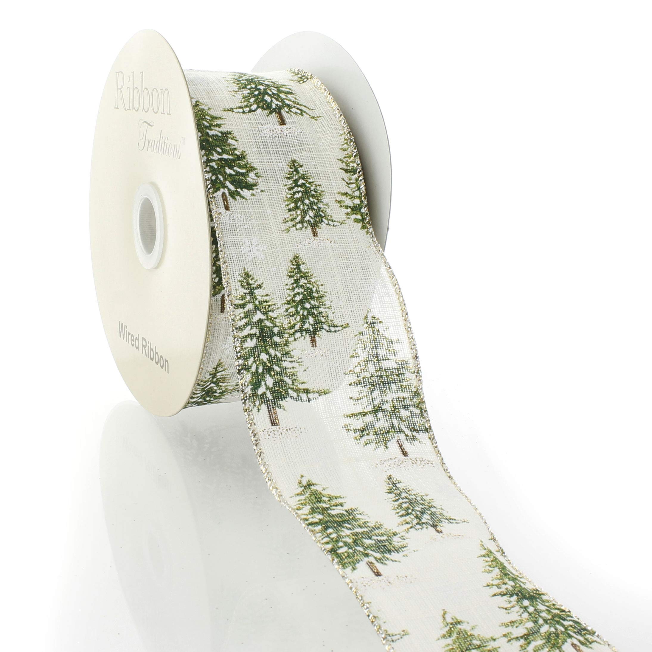 Green Woodland Trees Wired Ribbon - 2.5 Inch x 25 Yards Christmas Decorative Ribbon for Gift Wrapping, Tree Trimming & Holiday Crafts