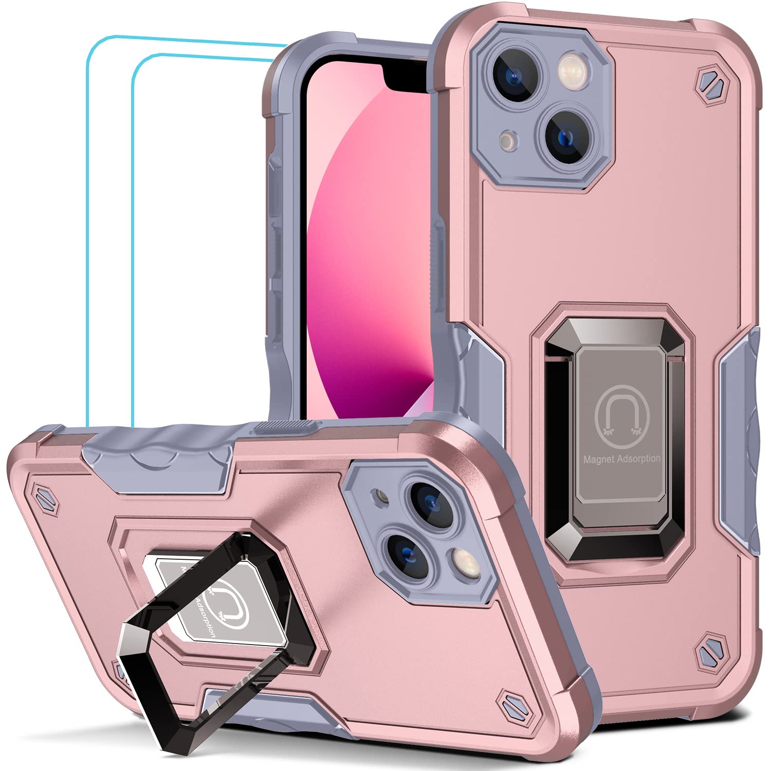 TORRTOWAY iPhone 13 Case with Built-in Screen Protector, Magnetic Kickstand Holder & Shockproof Design - Rose Gold Protective Phone Cover for Women & Men | Perfect for Driving, Travel & Daily Use