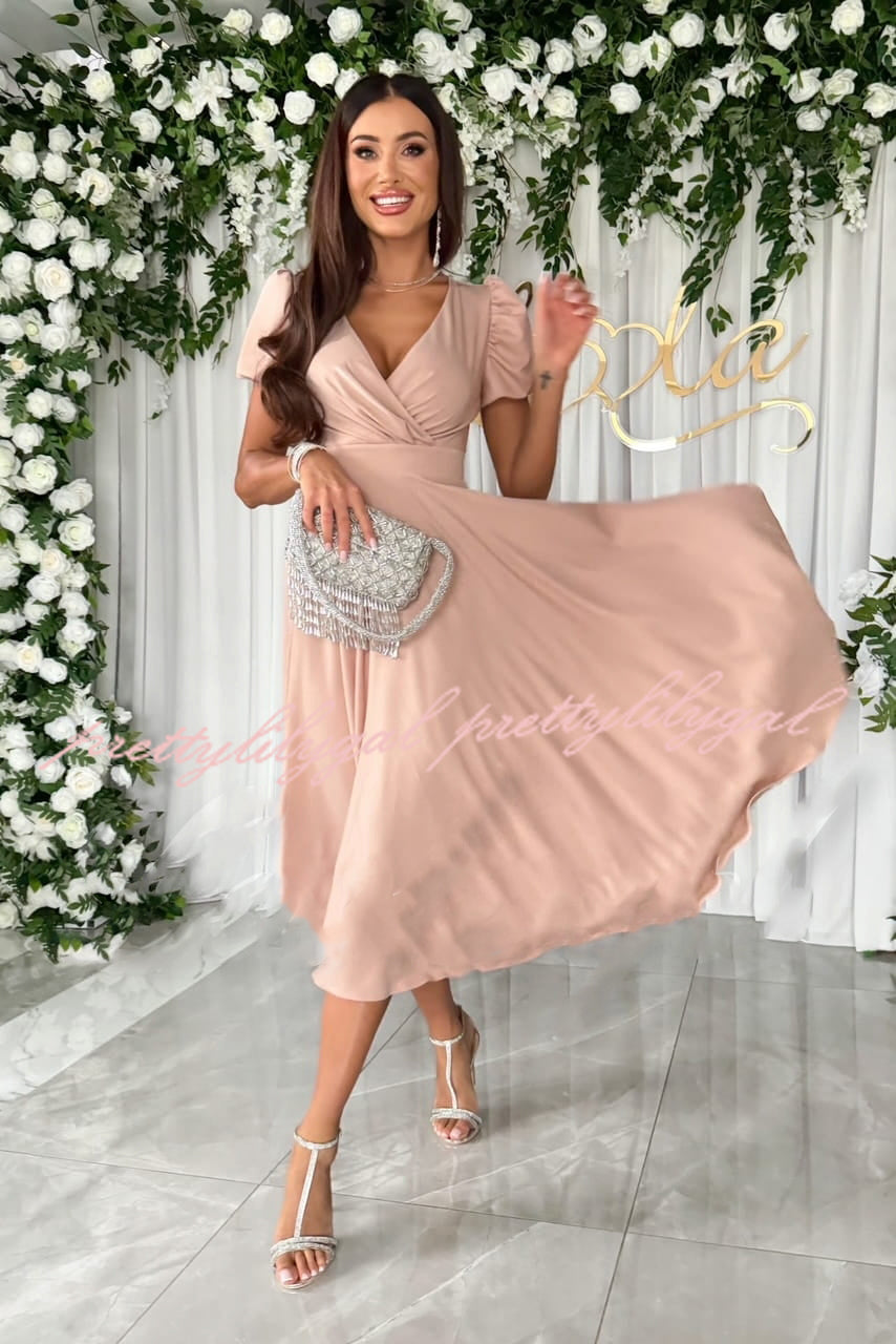 Zayla Women's Solid Color Puff Sleeve V-Neck Waist Slim Fit Midi Dress - Elegant Party, Wedding Guest & Office Wear