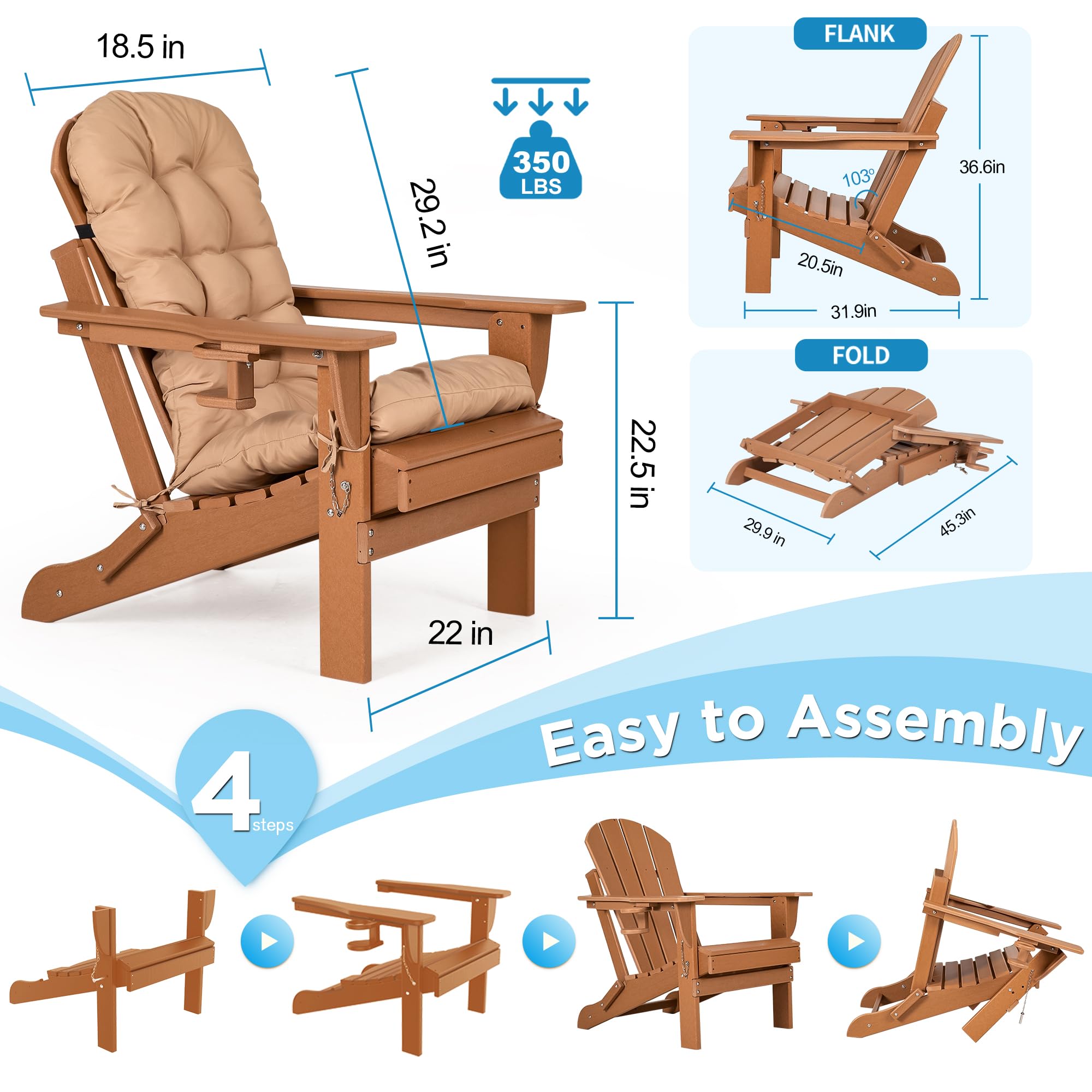 Premium HDPE Plastic Folding Adirondack Chair with Cushion & Cup Holder - Weather-Resistant Oversized Patio Chair for Outdoor, Garden, Deck, Fire Pit & Camping - Comfortable Teak Wood Design for Relaxation & Entertaining