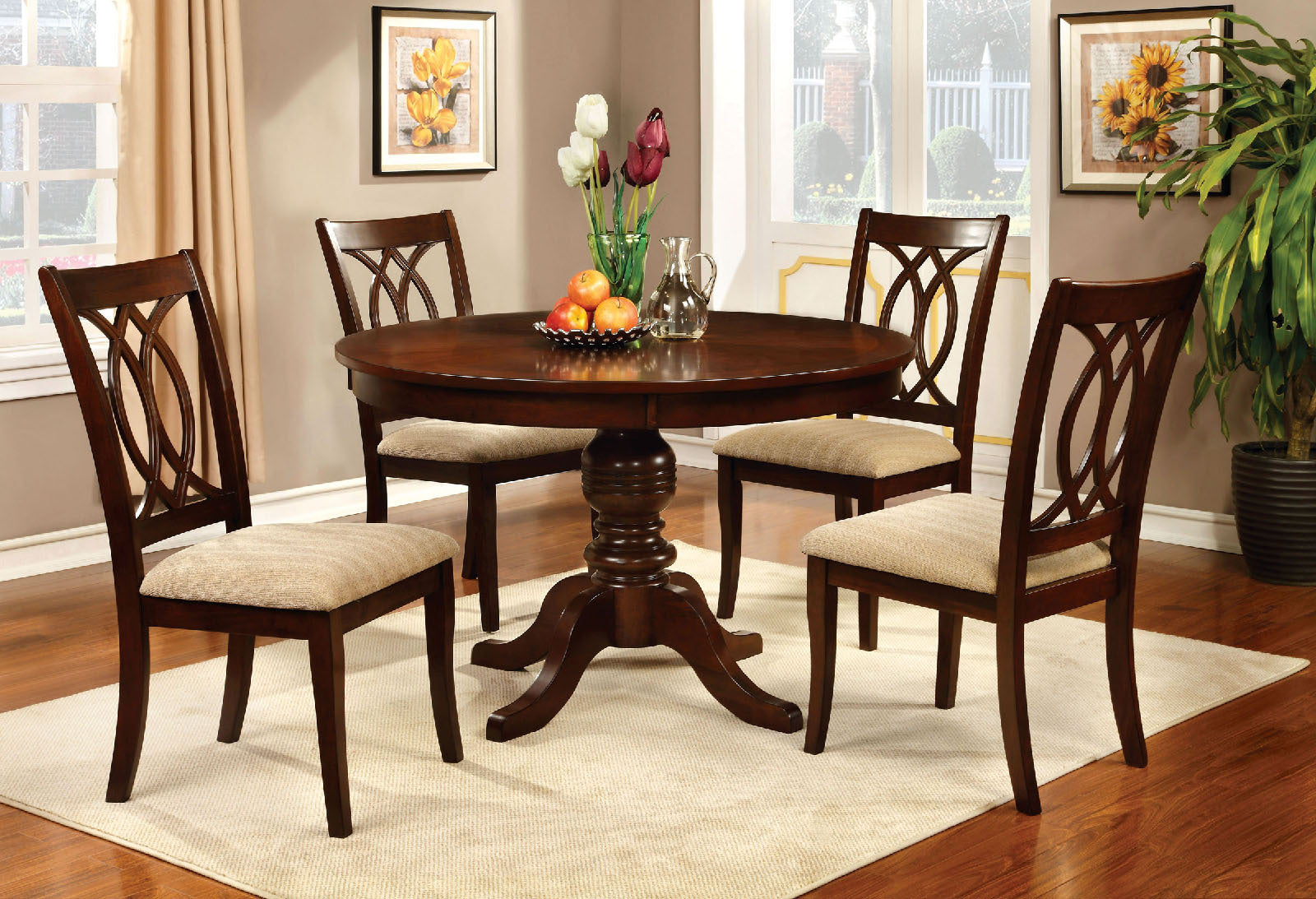 Classic Transitional Dining Chairs Set of 2 - Brown Cherry Solid Wood with Padded Fabric Seat - Elegant Side Chairs for Dining Room - Perfect for Family Dinners & Entertaining Guests