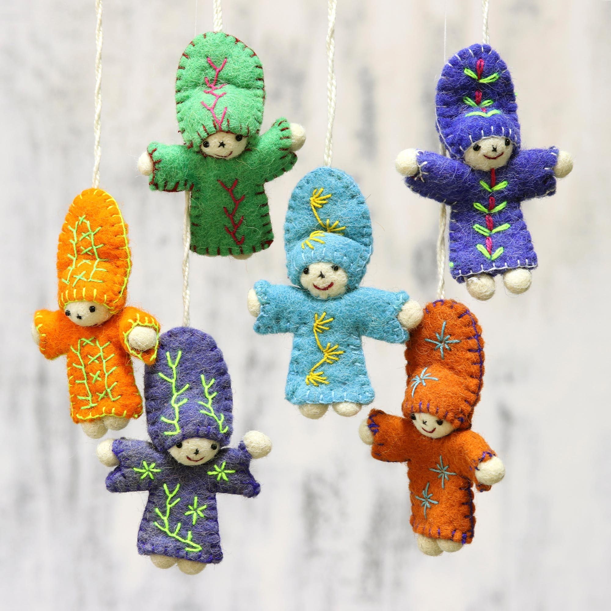 Handmade Wool Christmas Ornaments - Set of 6 'Dancing Dolls' Holiday Decorations | Fair Trade Handcrafted Tree Ornaments for Xmas, Winter, and Seasonal Home Decor