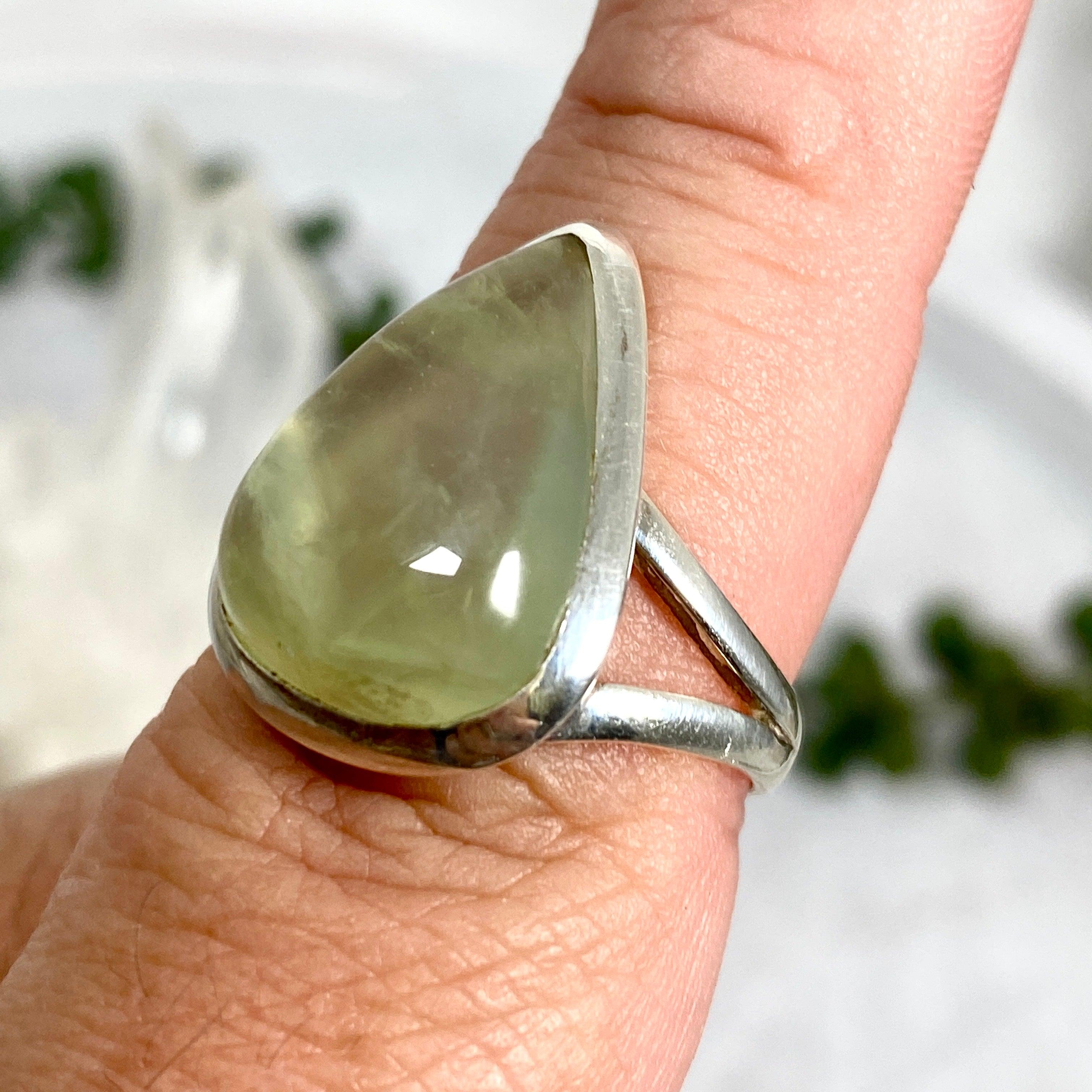 Prehnite Teardrop Ring - Sterling Silver 925, Size 9, KRGJ2465 - Elegant Jewelry for Women, Perfect for Weddings, Parties & Everyday Wear