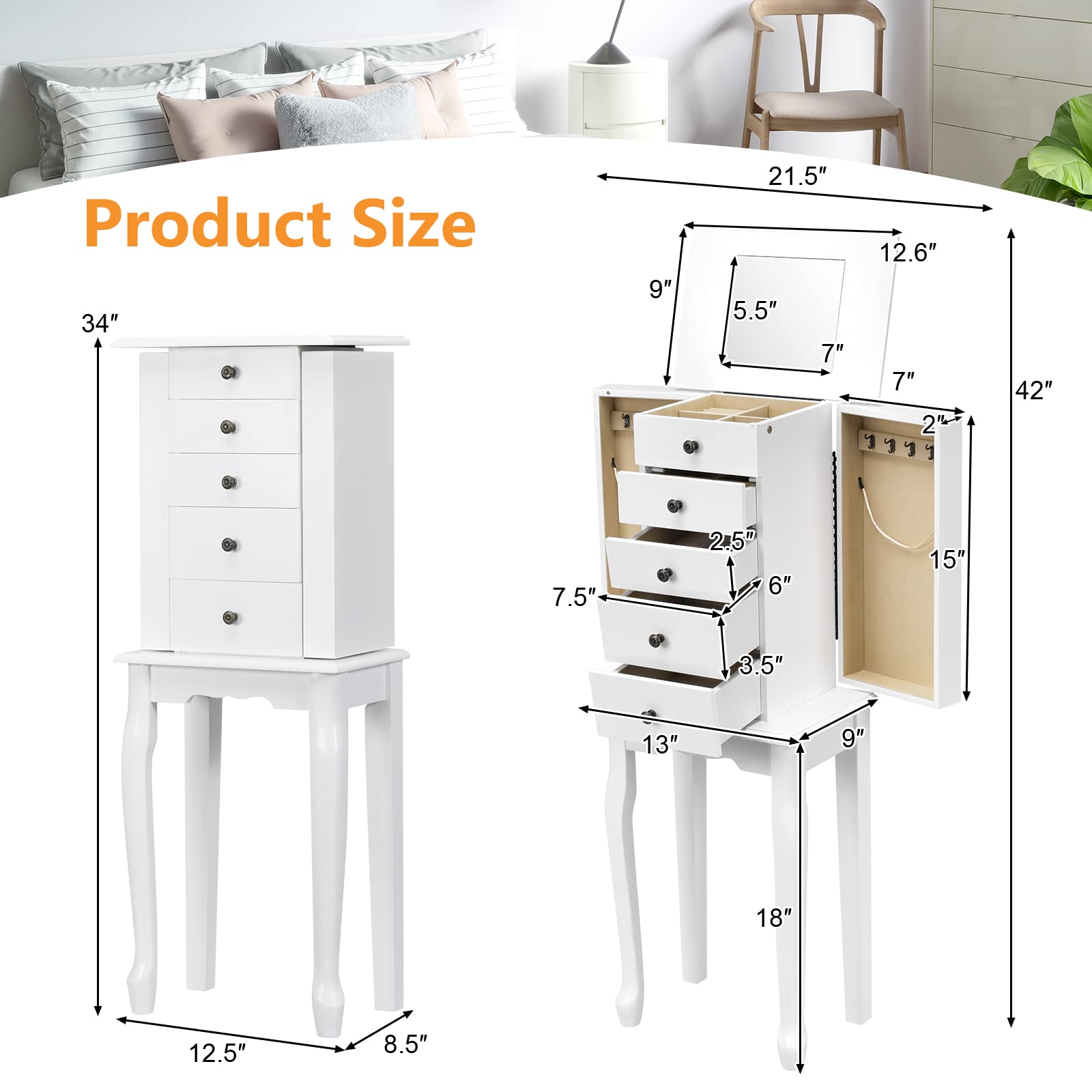 Byroce Jewelry Armoire Cabinet with Flip Top Mirror - 5 Drawers, 2 Doors & 8 Necklace Hooks - Standing Jewelry Storage Organizer for Women & Girls - Perfect for Bedroom, Closet or Dressing Room (White)