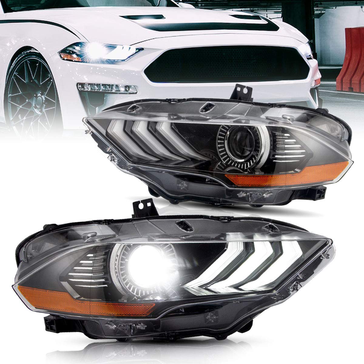 VLAND LED Headlights for Ford Mustang 2018-2020 - Projector Front Light Assembly with Dual Beam Lens (Driver & Passenger Side) | High-Performance Lighting Upgrade for Night Driving & Car Shows