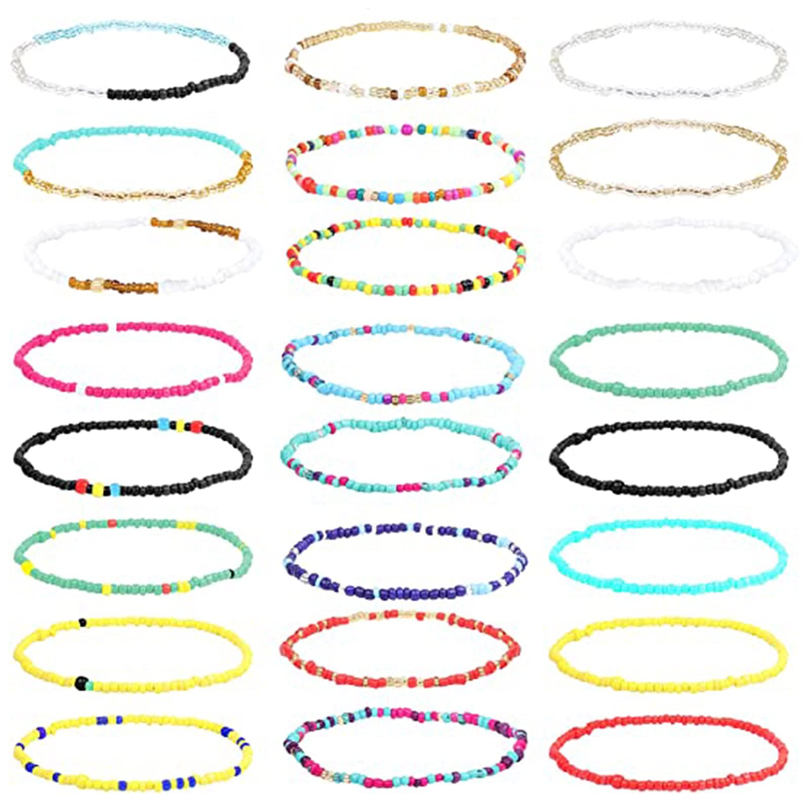 Handmade Elastic Beaded Bracelet Set - 24pc Colorful Beaded Anklet & Guitar String Bracelets for Women | Perfect for Music Festivals, Beach Parties & Boho Fashion Accessories