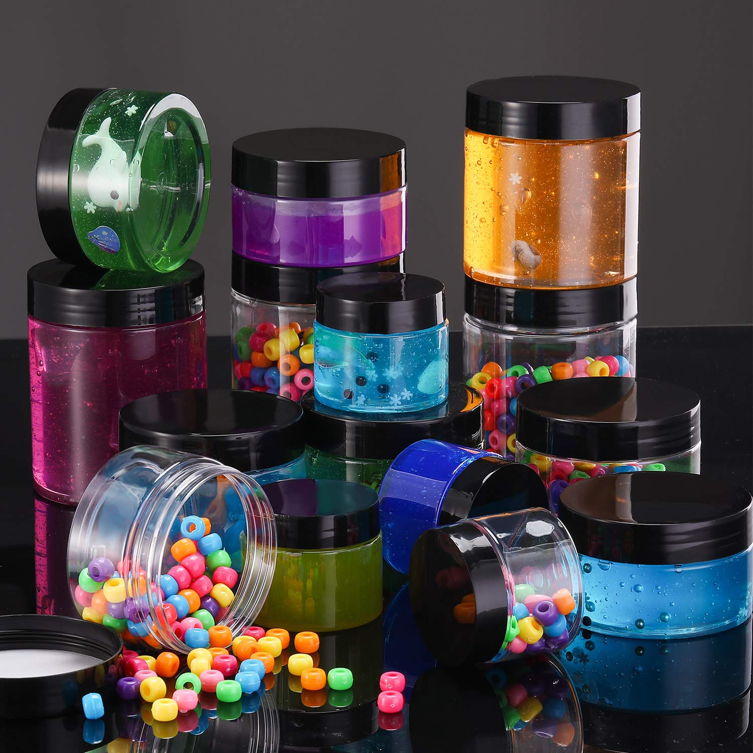 12 Pack 1 oz Clear Plastic Jars with Lids - Round Travel Cosmetic Containers for Toiletries, Lotion, Cream, Makeup & Samples | Airtight Kitchen Storage & Slime Jars | Perfect for DIY, Crafts & Organizing (10 oz, Black)