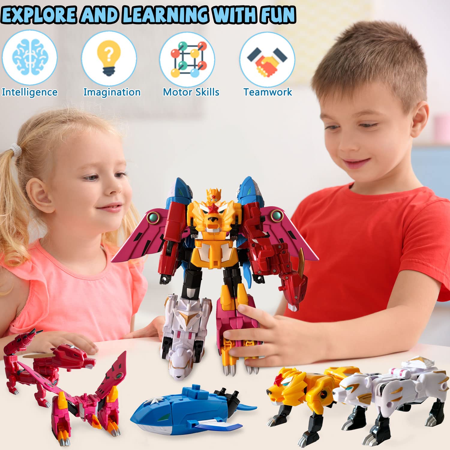 Wenbeier 5-in-1 Transformable Robot Toy Set - Large Animal Action Figures (Lion, Dragon, Whale, Phoenix, Bear) for Kids Ages 6-10 | STEM Learning Take-Apart Construction Toy | Perfect for Creative Play, Birthday Gifts & Collectibles (10 Inches)