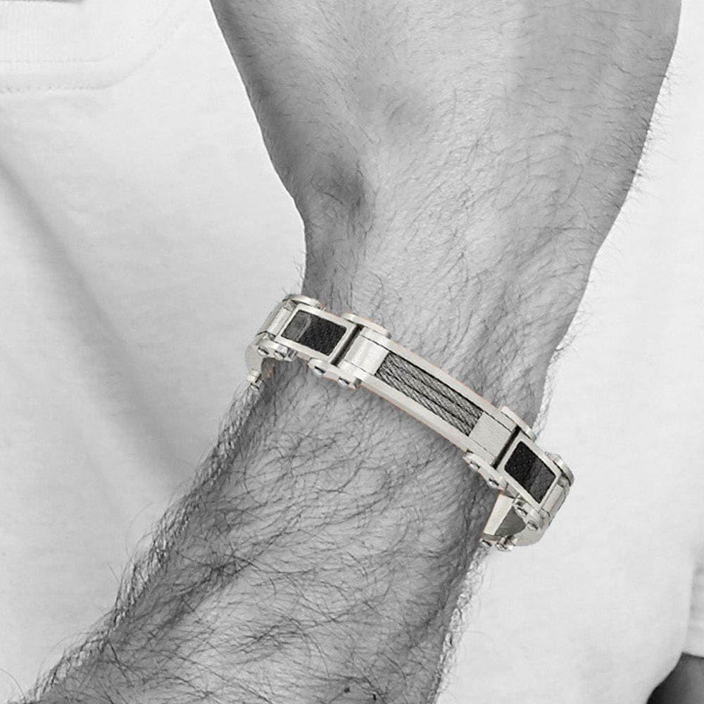 Men's Black Stainless Steel Carbon Fiber & Cable Link Bracelet - 8.5 Inch Adjustable Wristband for Business, Casual & Formal Occasions