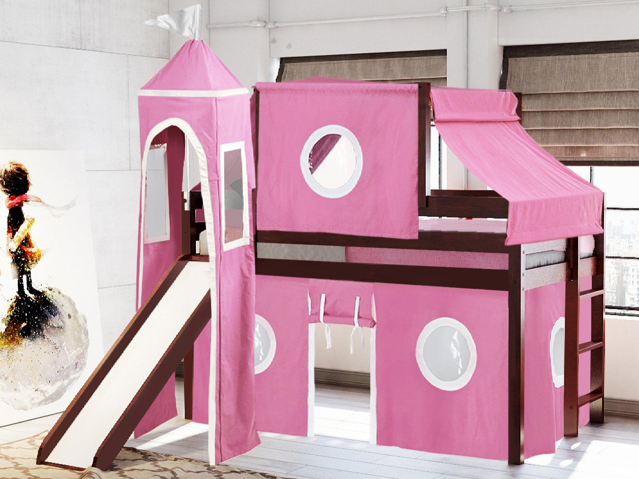 Princess Twin Low Loft Bed with Slide & Pink White Tent - Cherry Wood Finish - Space Saving Kids Bedroom Furniture for Small Rooms & Play Areas