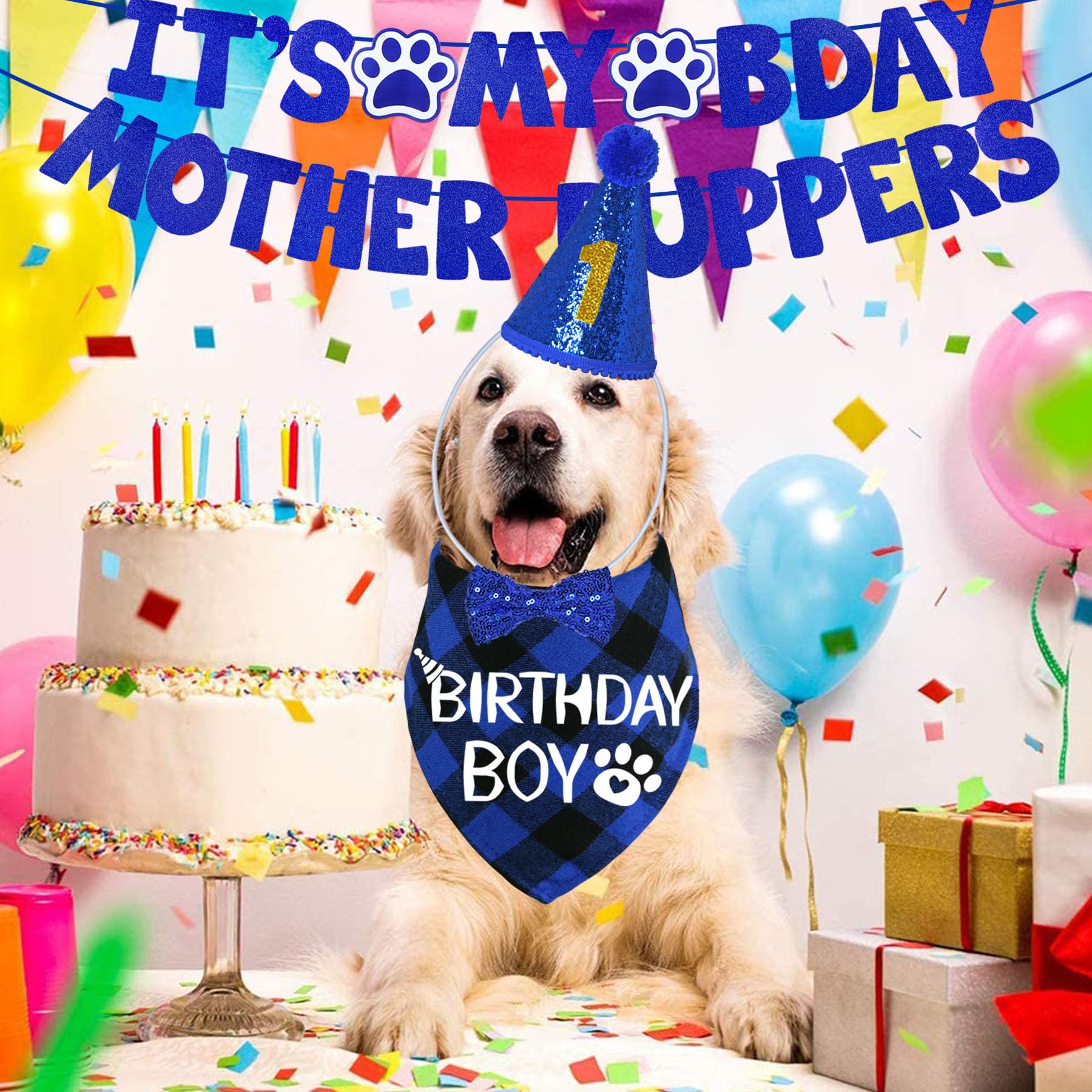STMK Dog Birthday Party Decorations Set - Adjustable Birthday Hat, Bandana, Bow Tie, Banner & Number Signs for Large & XL Dogs - Perfect for Puppy Birthday Celebrations & Pet Parties (X-Large, Blue)