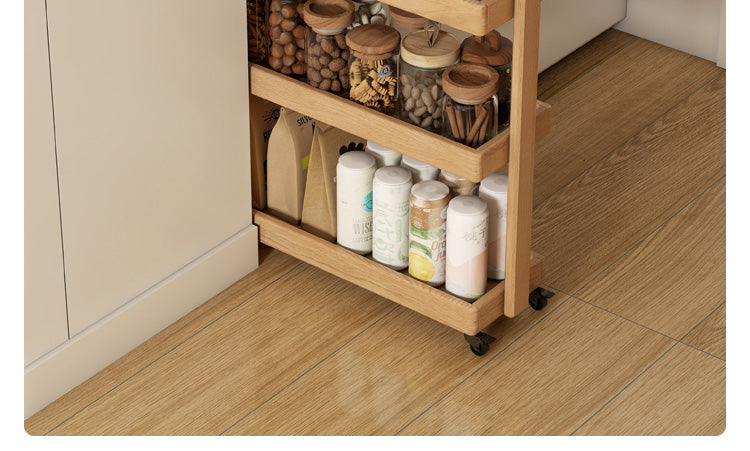 Oak Solid Wood Mobile Storage Rack Cart - Ultra Narrow Space-Saving Organizer for Kitchen, Bathroom, or Office Use