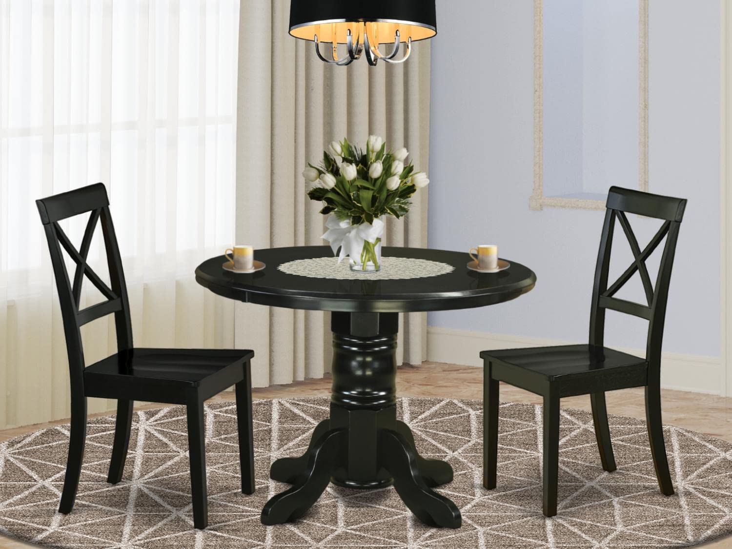 East West Furniture 3-Piece Round Dining Set with Pedestal Table & 2 Chairs - 42 Inch Black Kitchen Table for Small Spaces - Perfect for Breakfast Nook, Apartment Dining, and Cozy Family Meals