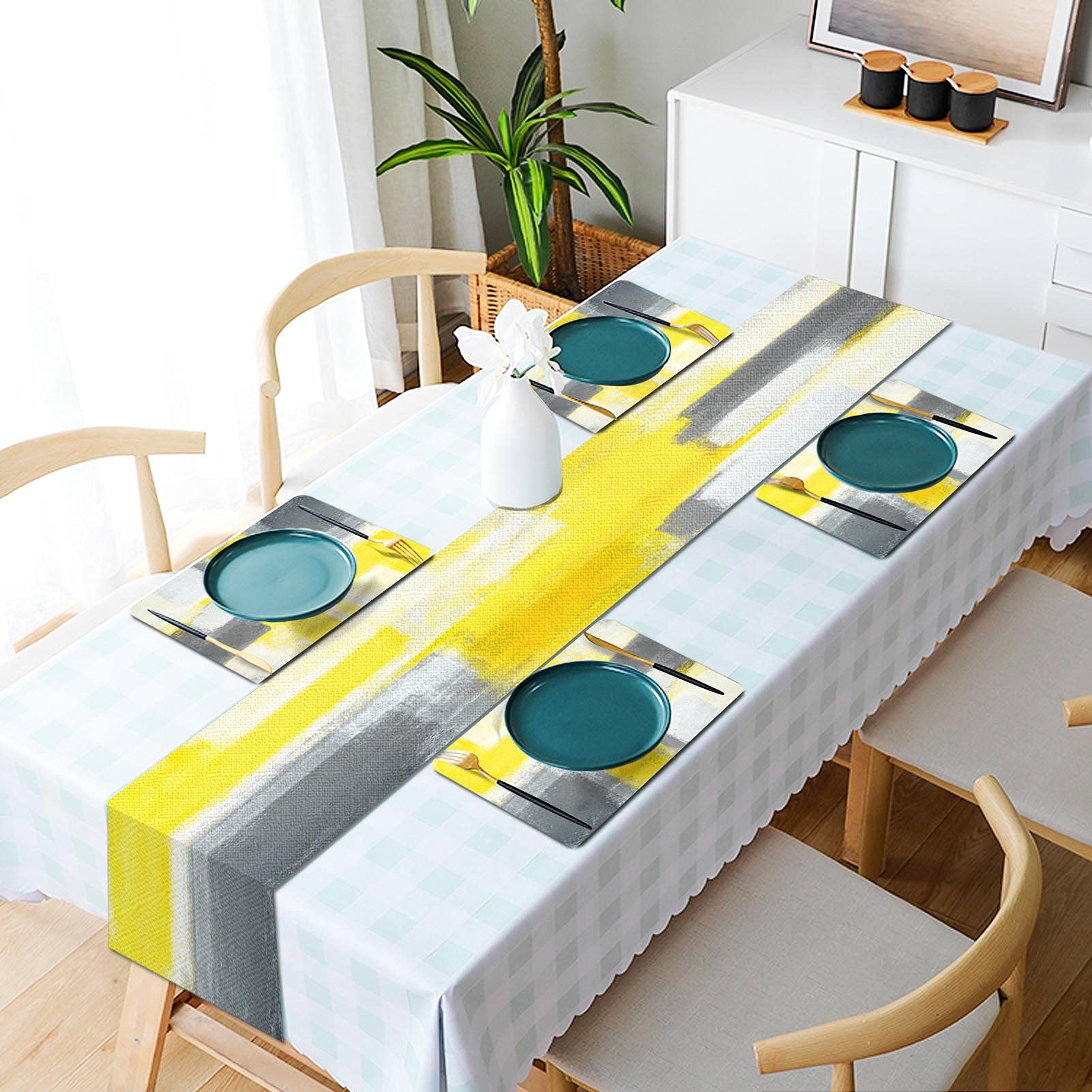 Mcalk Yellow Table Runner & 6-Piece Grey Placemats Set - Modern Abstract Art Linen Table Mats for Kitchen & Dining Room - Washable & Durable for Everyday Use, Dinner Parties & Holiday Decor