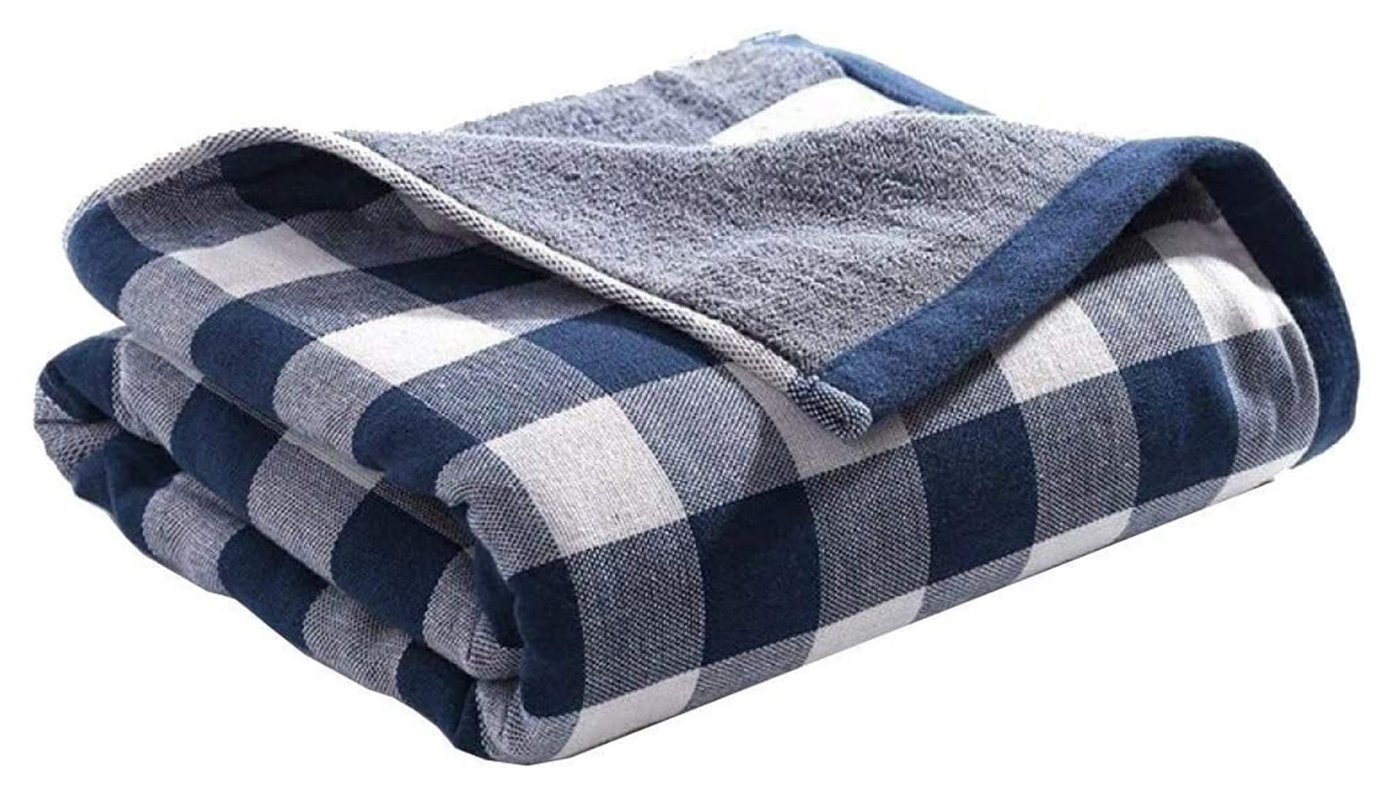 YUESFZ Organic Cotton Muslin Bath Towels Set - Soft, Highly Absorbent Plaid Bath Sheet & Towels (Blue) | Spa, Beach, Gym & Home Use