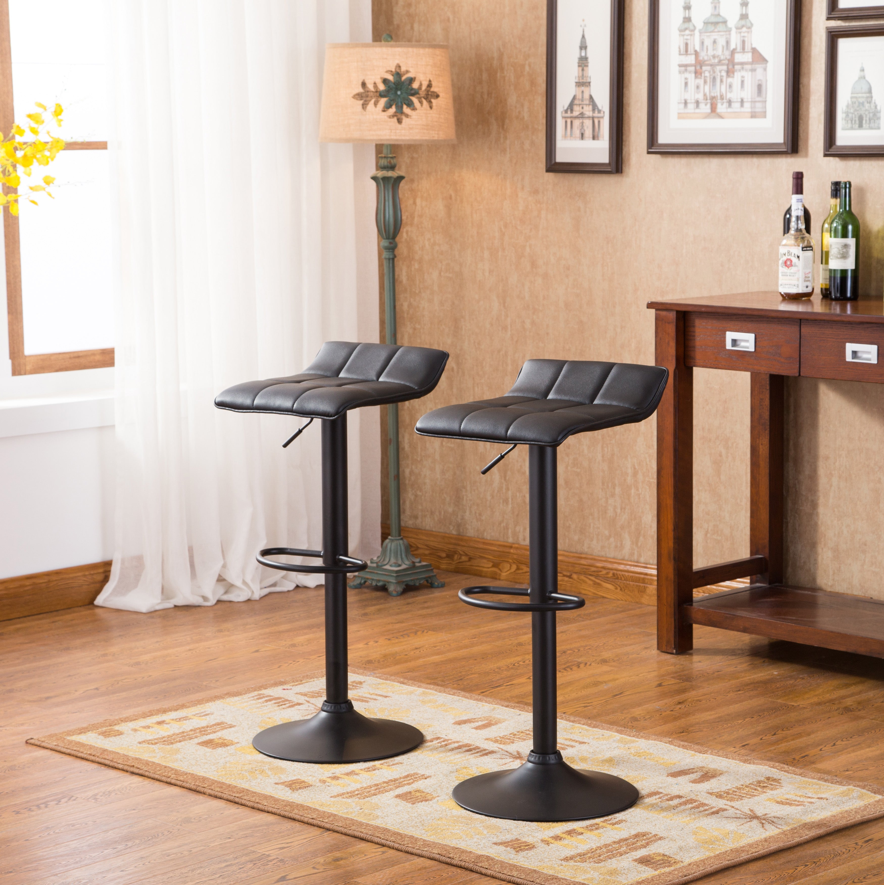 Roundhill Furniture Belham Swivel Adjustable Bar Stool Set of 2 - Black Bonded Leather Counter Height Stools for Kitchen Island, Breakfast Bar & Home Pub Decor