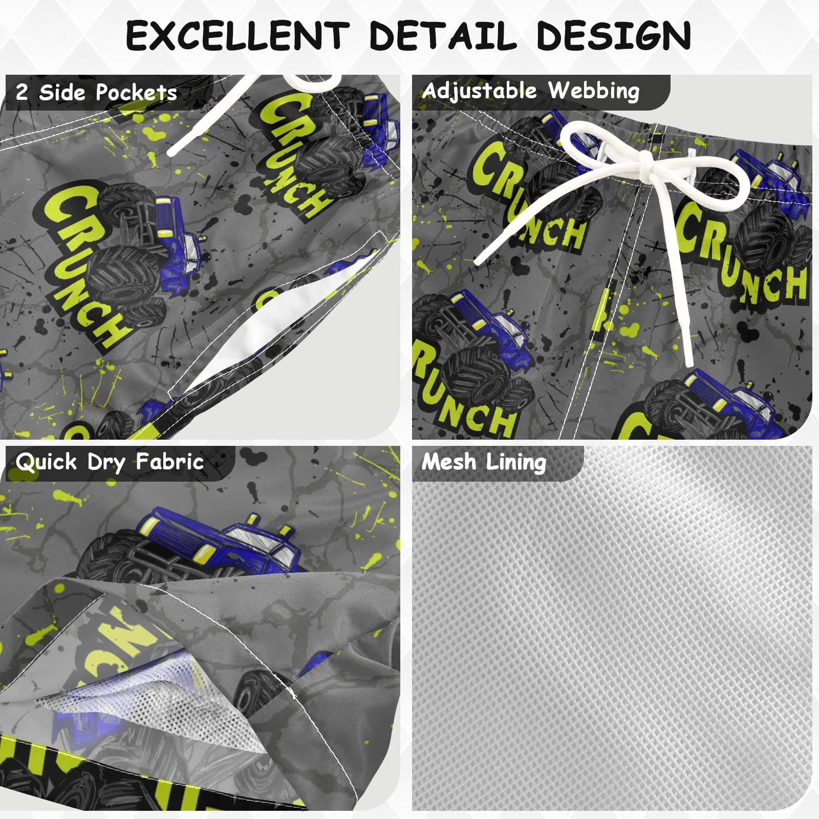 Hand Drawn Monster Truck Swim Trunks for Boys - Toddler Beach Board Shorts | Kids Swimsuit Size XL | Perfect for Pool, Beach & Summer Water Activities