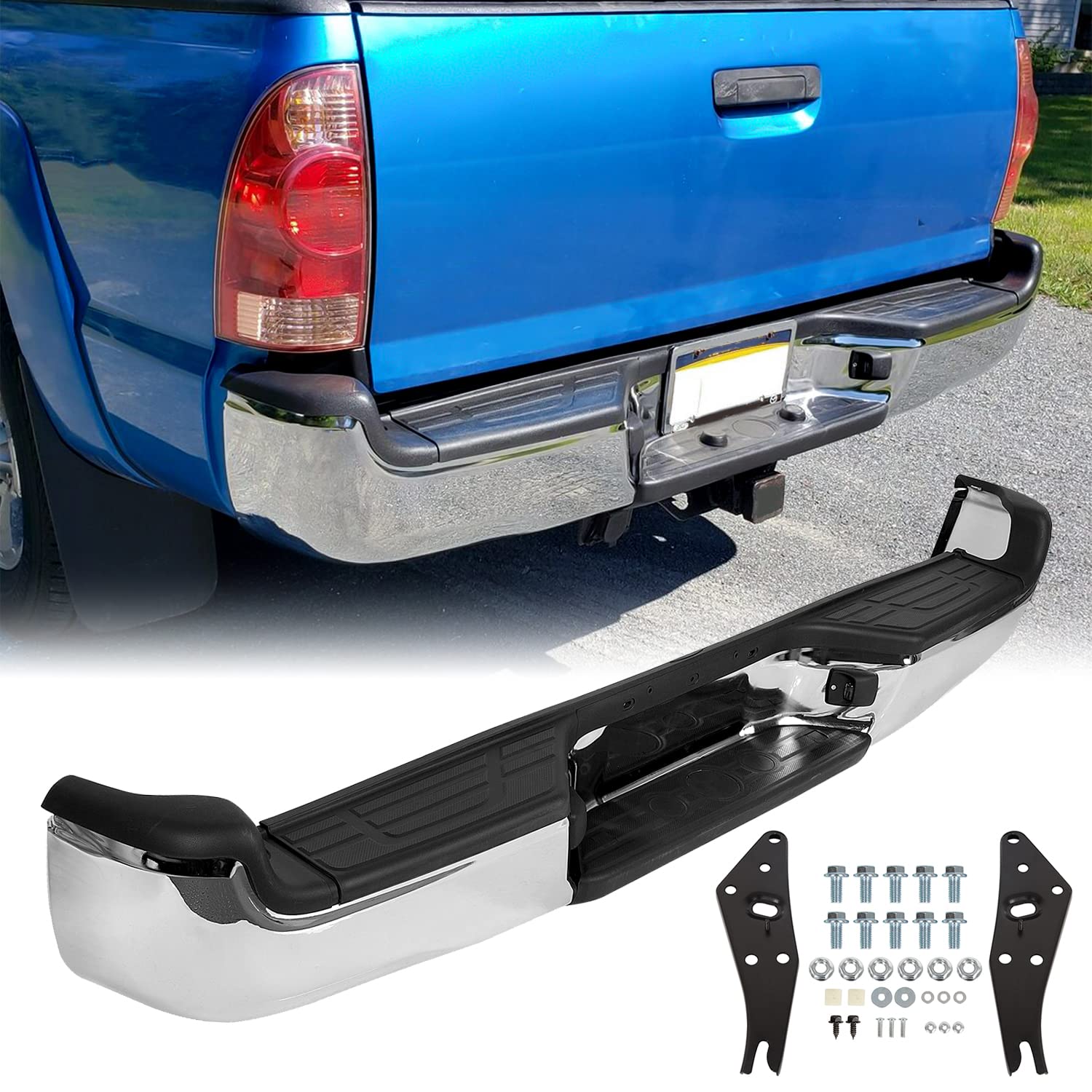 KUAFU Rear Bumper Replacement for 2005-2015 Toyota Tacoma - TO1103113 Steel Chrome Bumper Assembly with Pads, Brackets & License Plate Lights - Perfect for Off-Roading, Truck Upgrades & Vehicle Protection