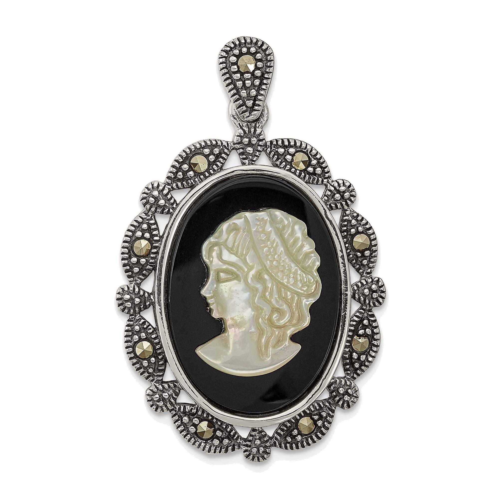 Antique Sterling Silver Marcasite Black Agate & Mother of Pearl Cameo Pendant Necklace - Vintage Jewelry for Women, Elegant Gift for Mother's Day, Wedding & Special Occasions