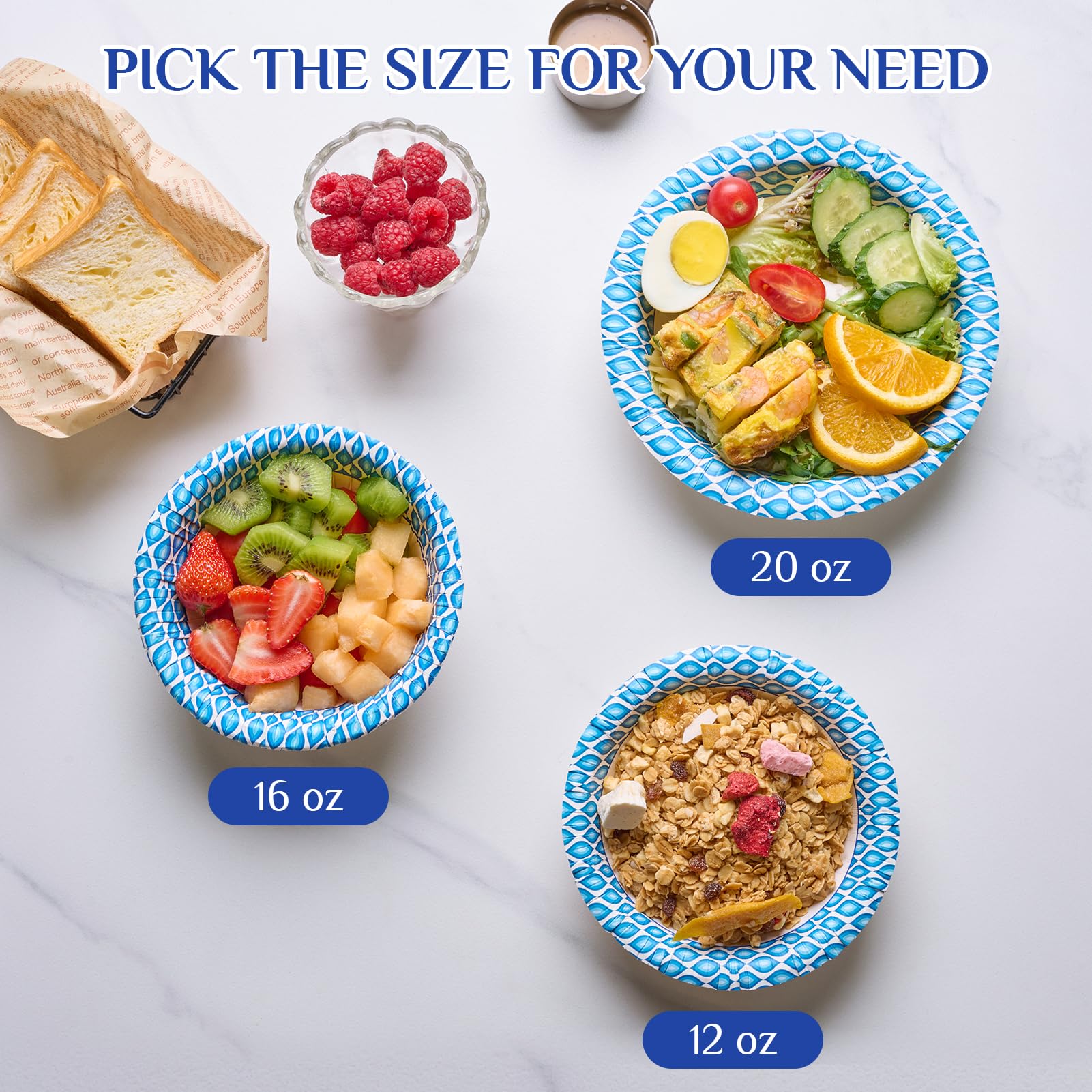 MUCHII 180 Count 16 oz Disposable Paper Bowls - Soak Proof, Printed Bulk Bowls for Breakfast, Lunch & Dinner | Perfect for Parties, Picnics & Catering Events