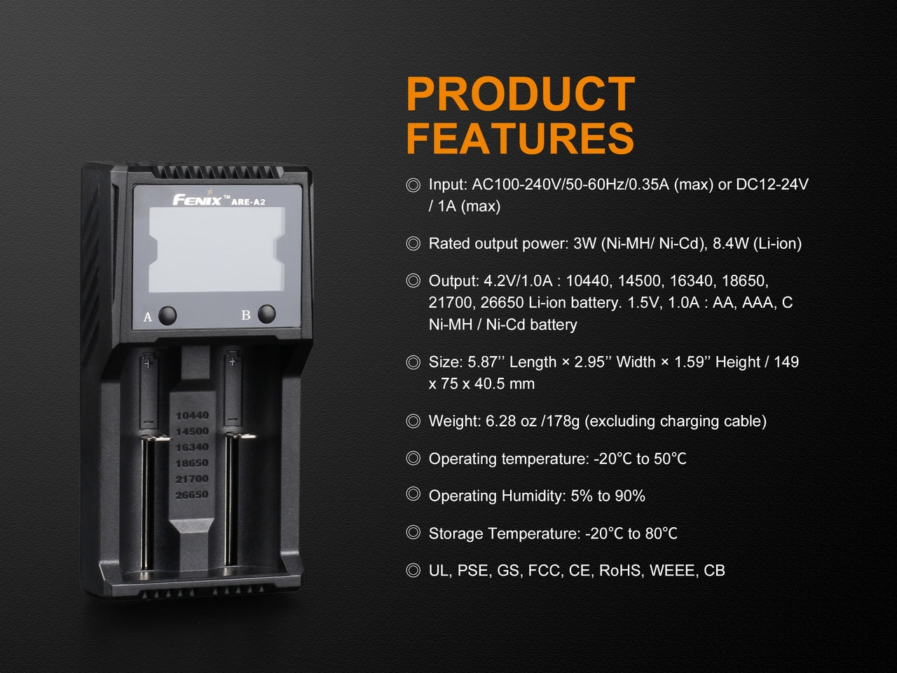 Fenix ARE A2 Dual Channel Smart Battery Charger for Li-ion/NiMH - Fast Charging for Flashlights, Cameras & Electronics at Home or Travel