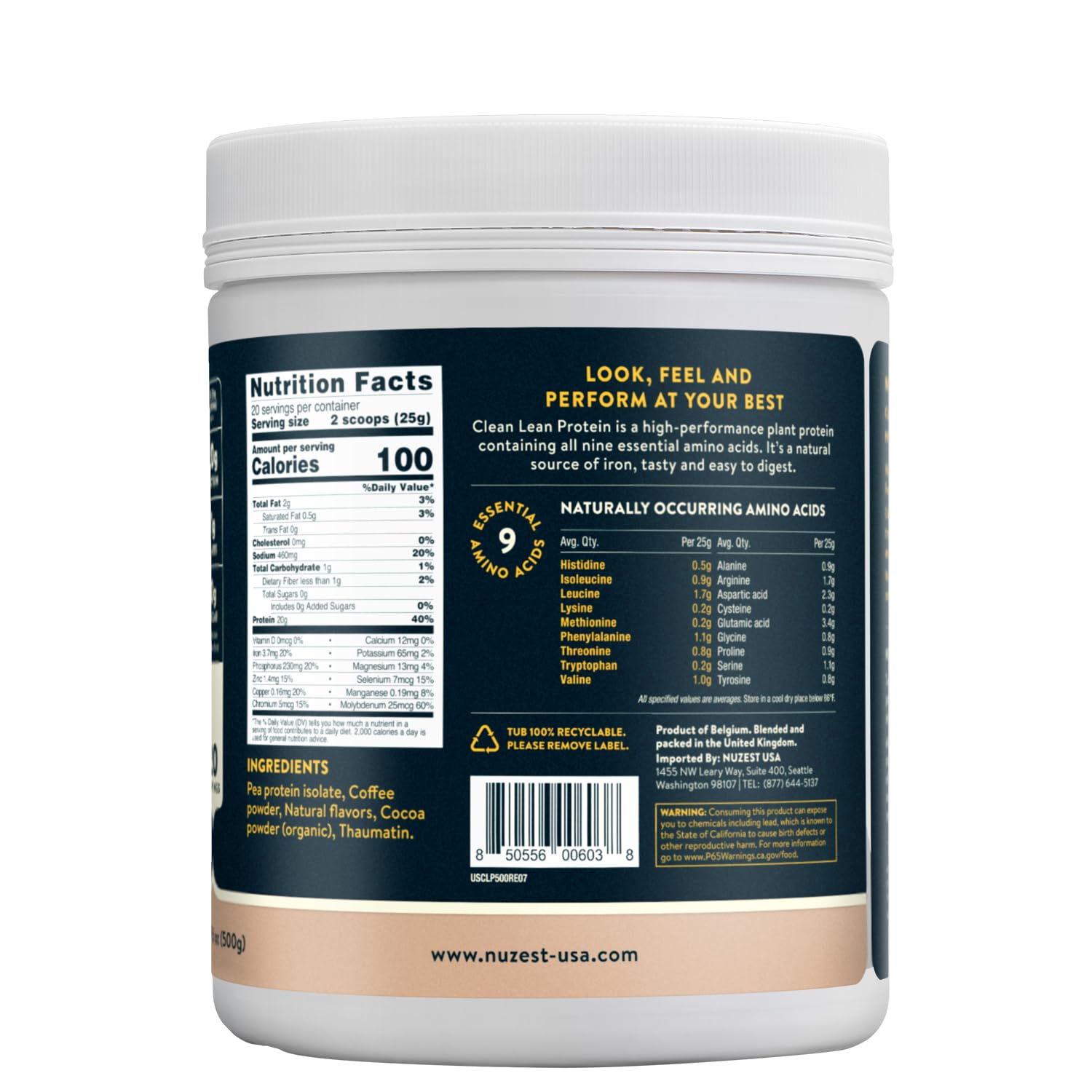 Nuzest Clean Lean Vegan Pea Protein Powder - Premium Plant Based Protein Supplement, Dairy Free, Gluten Free, Non-GMO, 20 Servings (1.1 lb) for Post-Workout Recovery & Healthy Smoothies