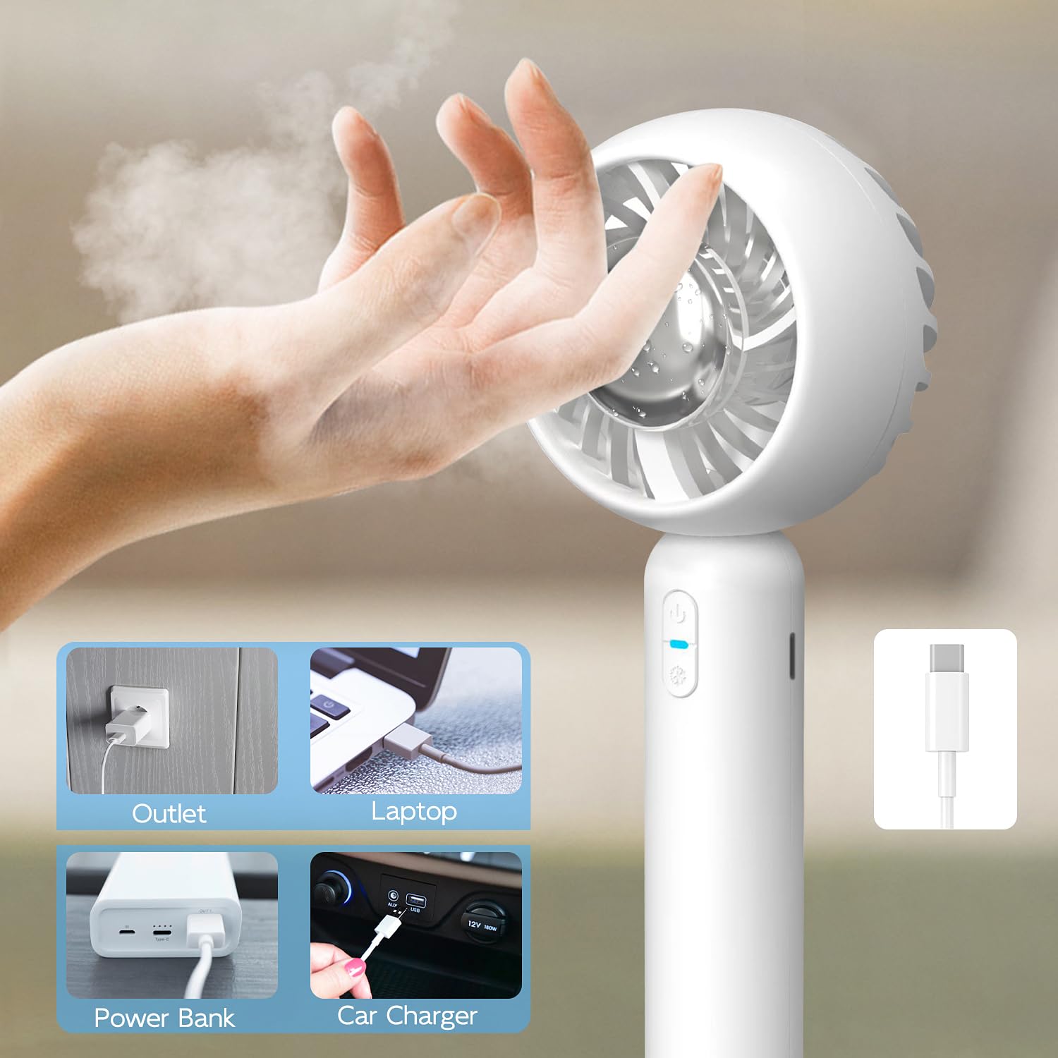 Mezeic Portable Handheld Fan - USB Rechargeable 3-Speed Mini Personal Fan with 2000mAh Battery | Compact Cooling Fan for Summer, Beach, Office, Travel, Indoor & Outdoor Use | Perfect for Hot Weather, Commuting, Camping and Home Comfort