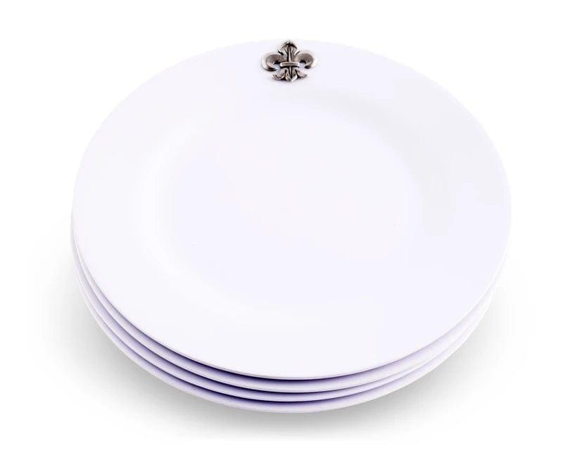 10-Pack White Melamine Dinner Plates with Pewter Fleur de Lis Design - Elegant & Durable Tableware for Outdoor Dining, Picnics, and Everyday Use