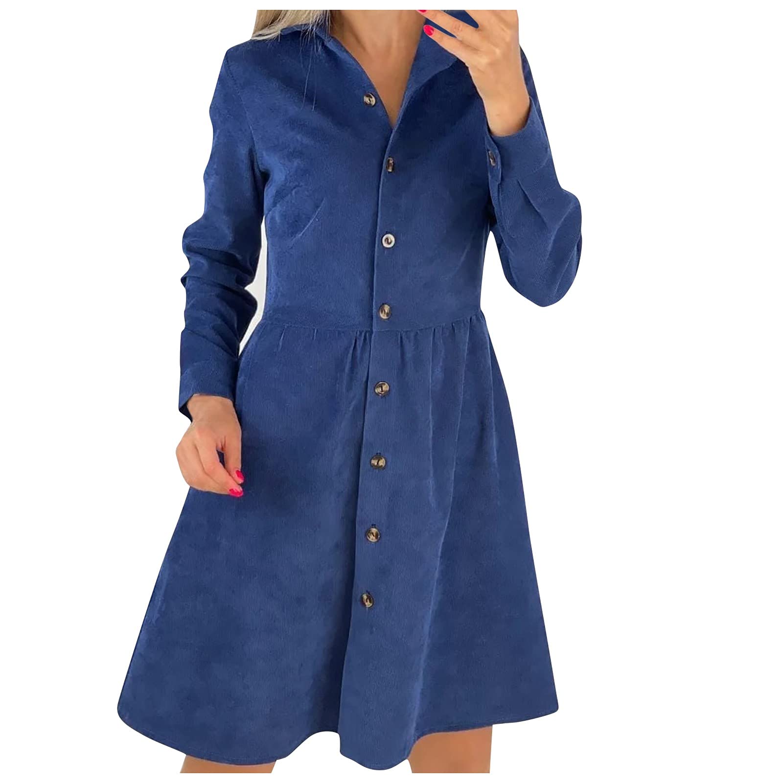HAOREEKZ Women's Winter Corduroy Long Sleeve Button Down Shirt Dress - Black Single-Breasted Casual Dress for Work, Date Night & Holiday Parties