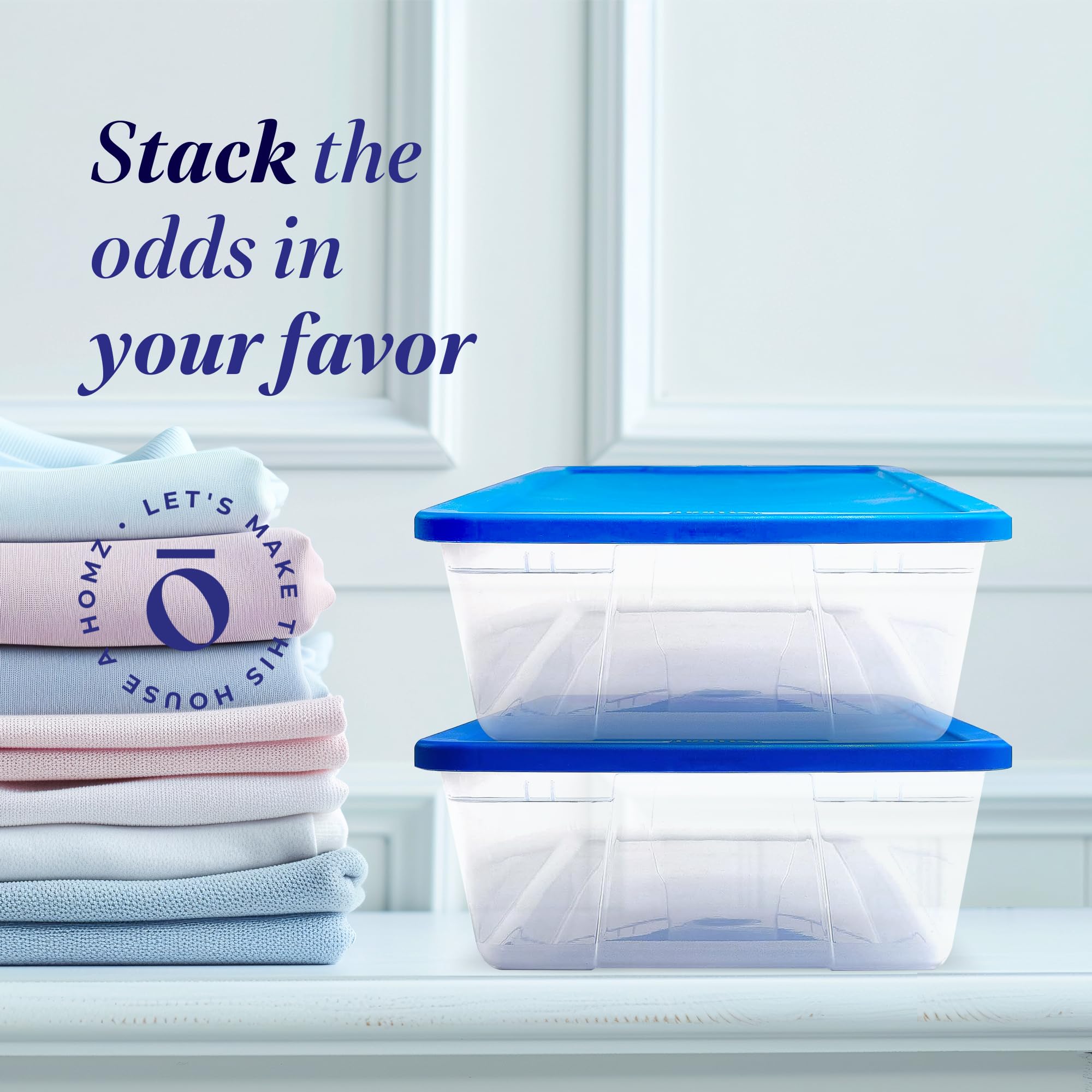 HOMZ 4-Pack Large Clear Plastic Storage Bins with Secure Lids - 41 Quart Organizing Containers for Home, Office & Closet Storage - Stackable & Durable Blue Bins for Clothes, Toys & Seasonal Items