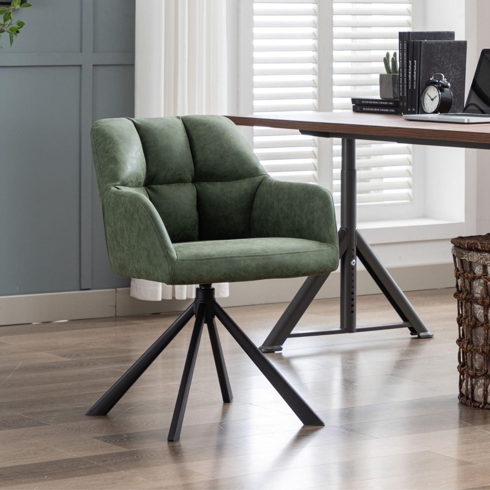 Ergonomic Home Office Chair with Arms - PU Leather Upholstered Swivel Desk Chair Without Wheels - Comfortable Computer Chair for Small Spaces, Bedroom & Workspace - Green Accent Chair (Perfect for Remote Work, Gaming & Study Sessions)