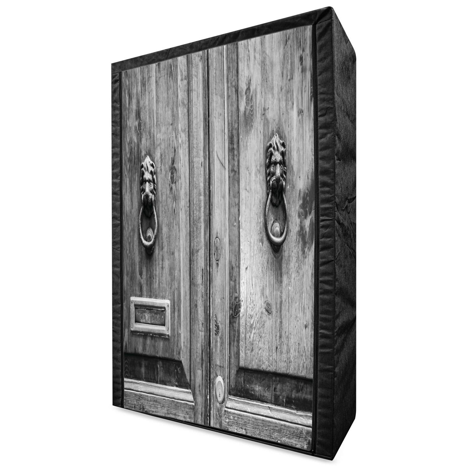 Ambesonne Rustic Portable Fabric Wardrobe - Black & White Tuscany House Doorway Photography with Lion Head Handles, 42.5