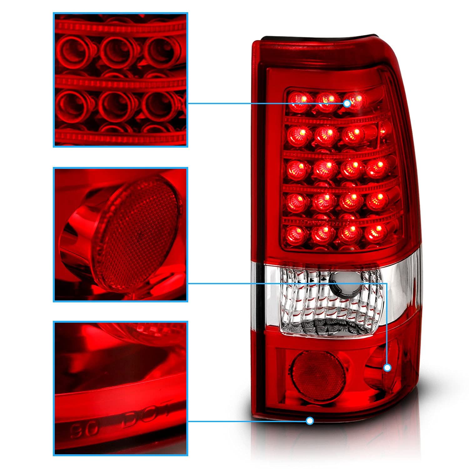 AmeriLite Red/Clear LED Brake Tail Lights Replacement Kit for 1999-2002 Chevy Silverado & 1999-2006 GMC Sierra - Pair (Left & Right Side) - Durable, Bright LED Lights for Enhanced Safety & Style - Perfect for Night Driving, Towing, and Off-Road Adventures