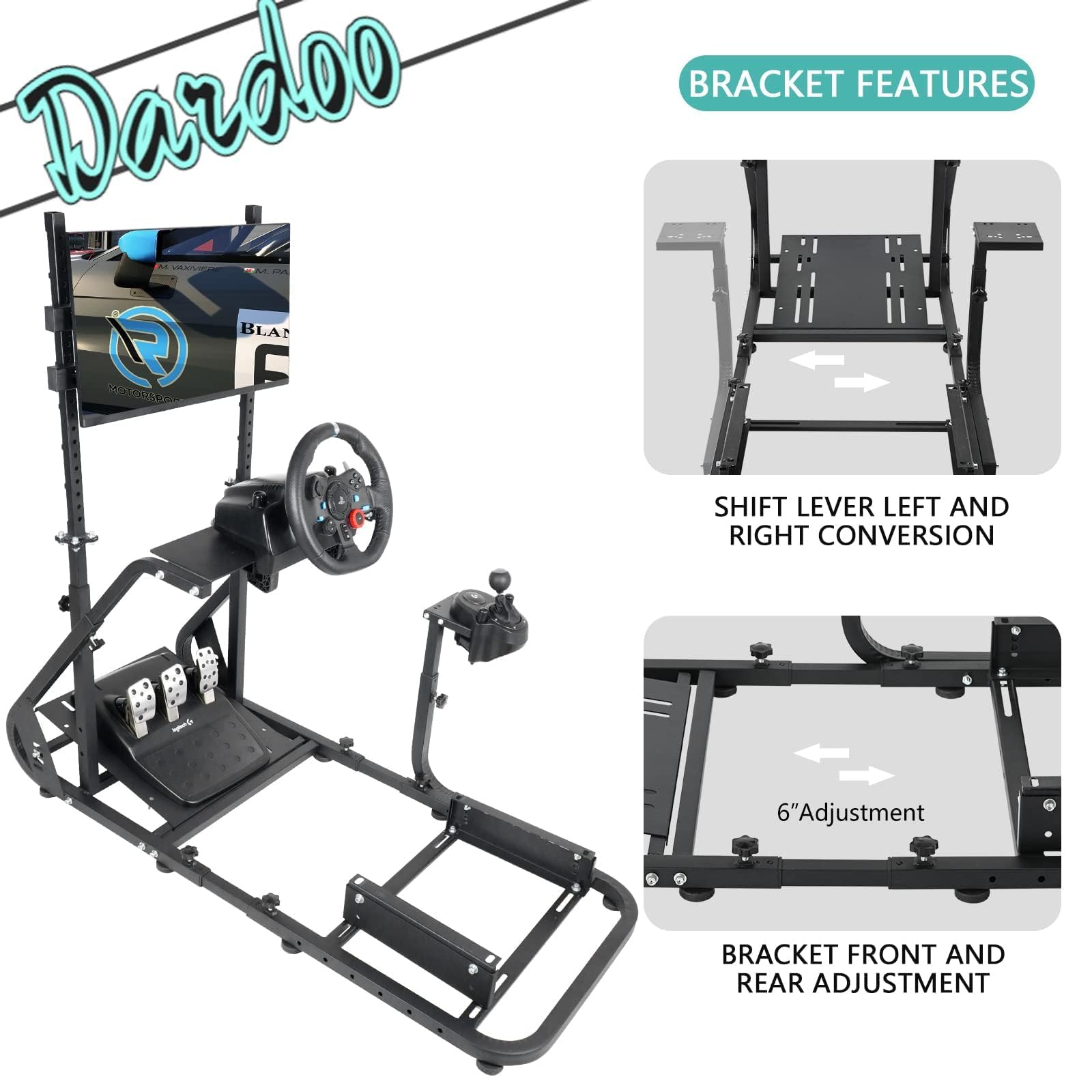 Dardoo G923 Racing Simulator Cockpit with Adjustable Monitor Stand - Compatible with Logitech G29/G920, Thrustmaster T80/T150, Fanatec Wheels - Works with PS4, PC Gaming (Wheel, Pedals, Shifter & Seat Not Included) - Perfect for Home Racing Simulator Setup & Esports Training
