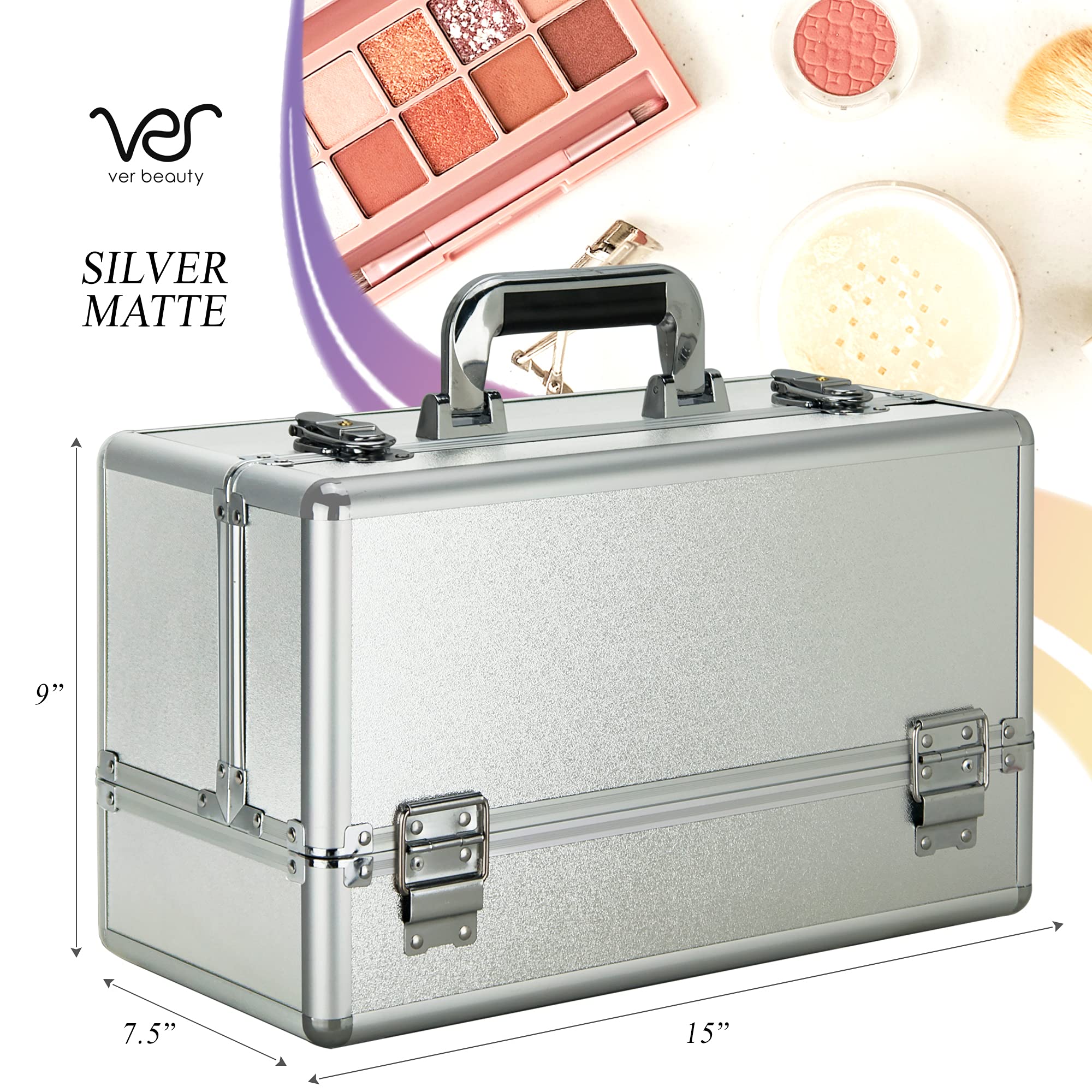 Ver Beauty 6-Tier Lockable Makeup Organizer - Professional Cosmetic Travel Kit & Makeup Artist Supplies - Lightweight Aluminum Train Case for Portable Vanity (Silver) | Perfect for Travel, Salon, Home Storage & Professional Makeup Artists